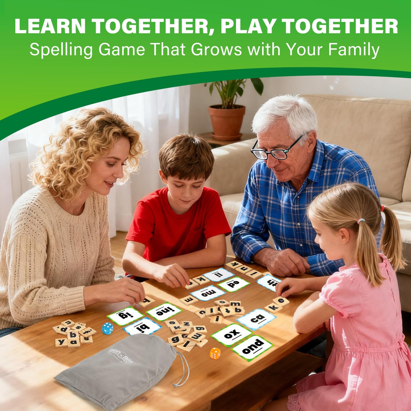 BenBen Family Spelling Games: 112 Flash Cards & Wooden Tiles for 4+ | 1–4 Players