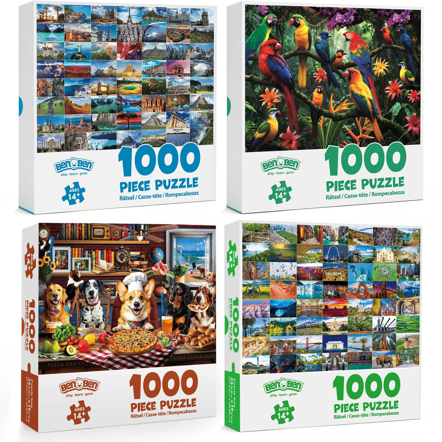 BenBen 1000-Piece Puzzle 4-Pack – Dogs' Dinner Party, Jungle Parrots, World Landscape, USA Landmarks