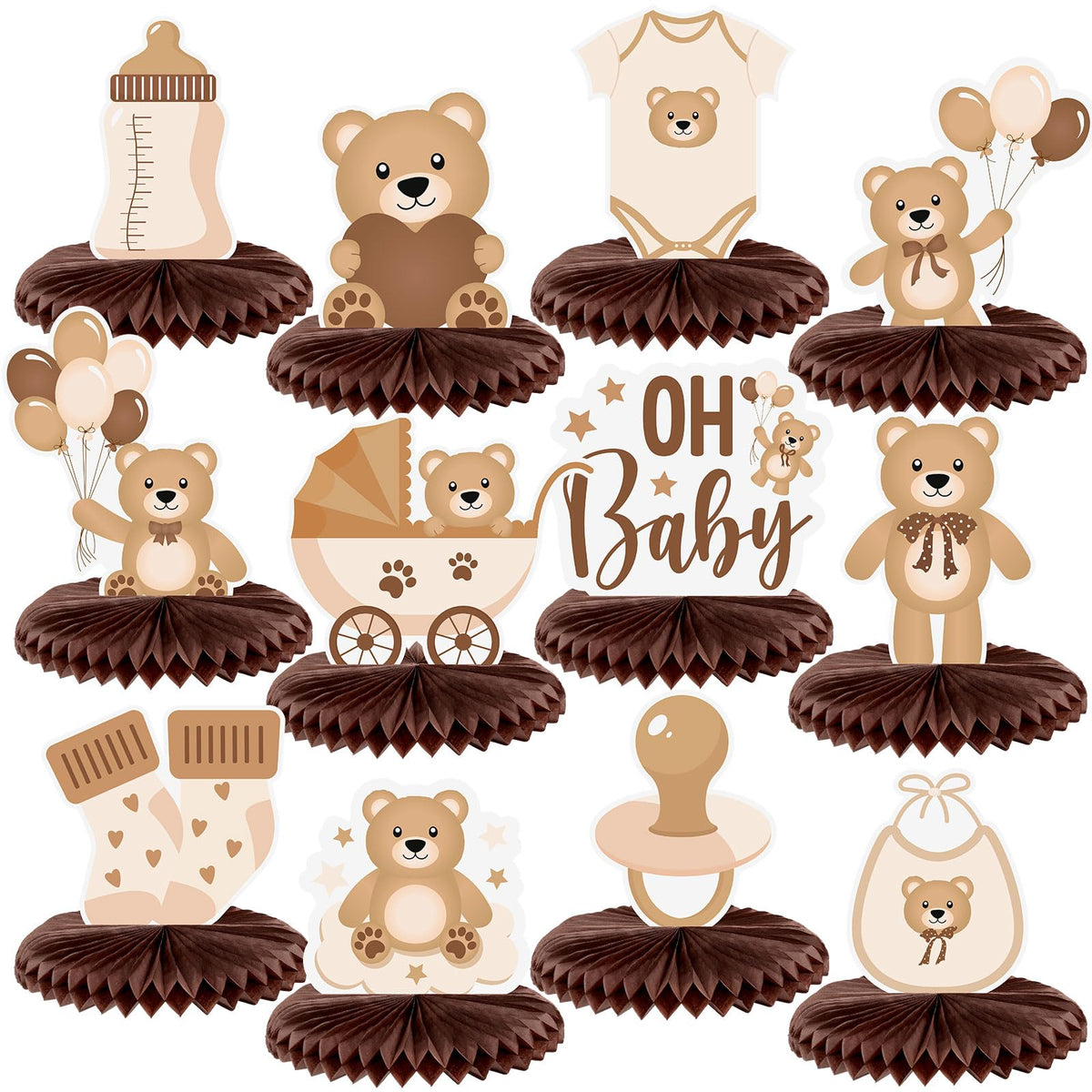 Bencailor 12 Pcs Bear Baby Shower Honeycomb Centerpieces – Neutral Cream