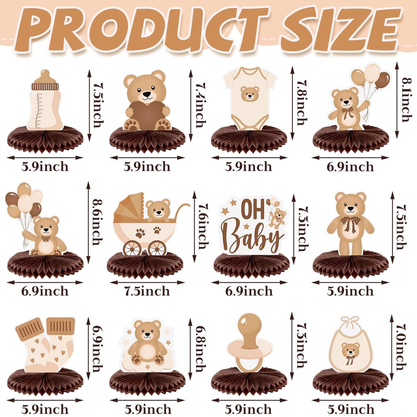 Bencailor 12 Pcs Bear Baby Shower Honeycomb Centerpieces – Neutral Cream