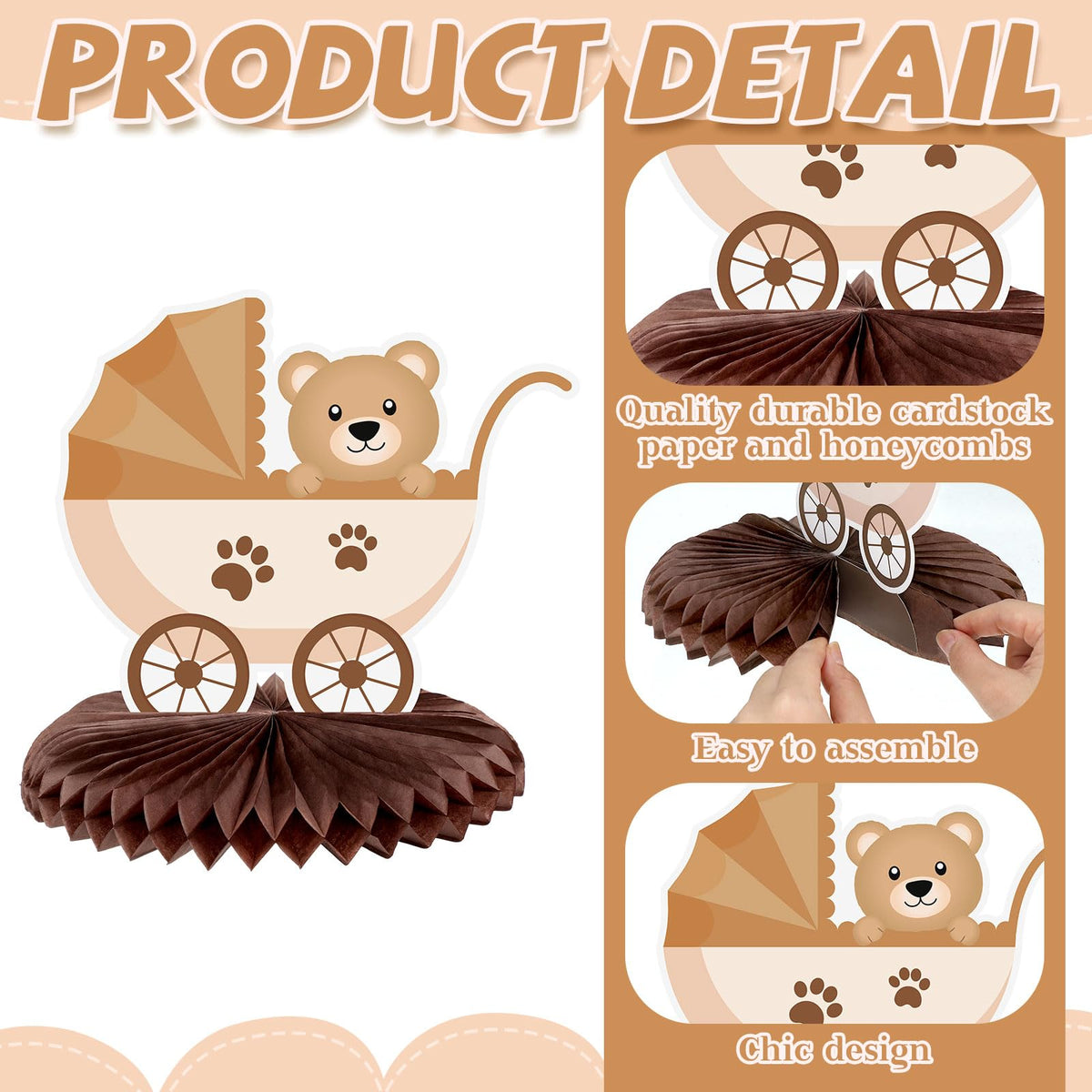 Bencailor 12 Pcs Bear Baby Shower Honeycomb Centerpieces – Neutral Cream