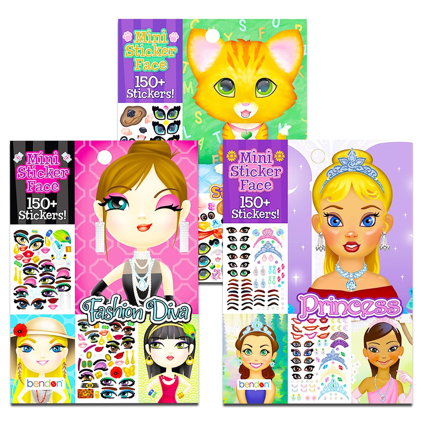 Bendon Create a Face Sticker Books 5x7 Bulk Set — 450+ Stickers, 3 Activity Books (Princess, Pets, Diva)