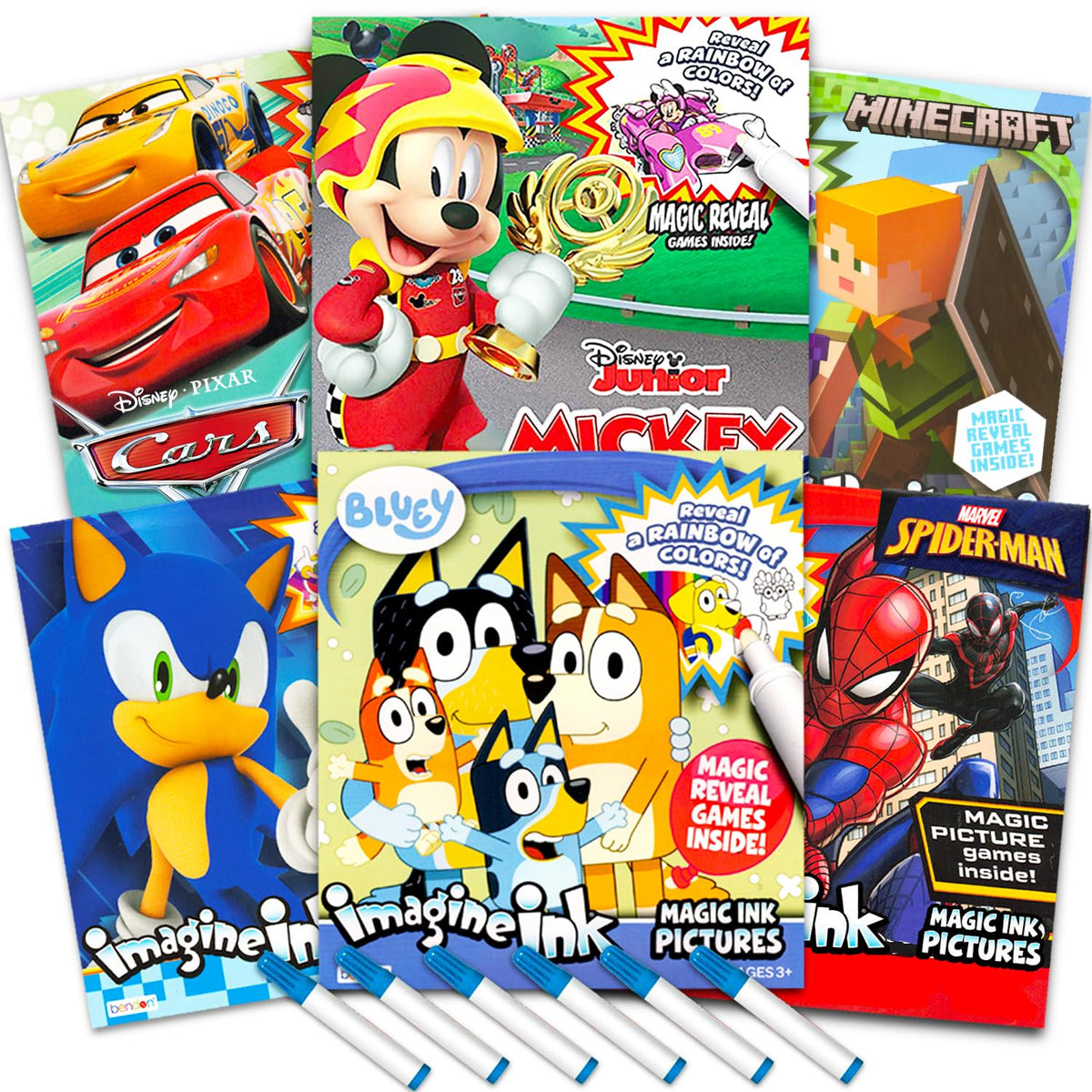 Bendon Bulk Imagine Ink Coloring Book Set for Boys – 6 No Mess Books with Sonic, Minecraft, Mickey, Spidey, Cars & Bluey