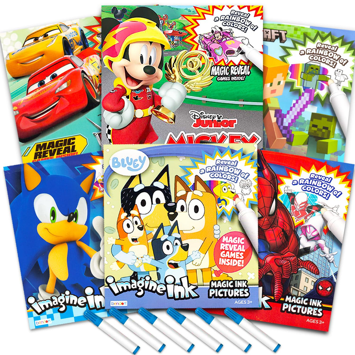 Bendon Bulk Imagine Ink Coloring Book Set for Boys – 6 No Mess Books with Sonic, Minecraft, Mickey, Spidey, Cars & Bluey