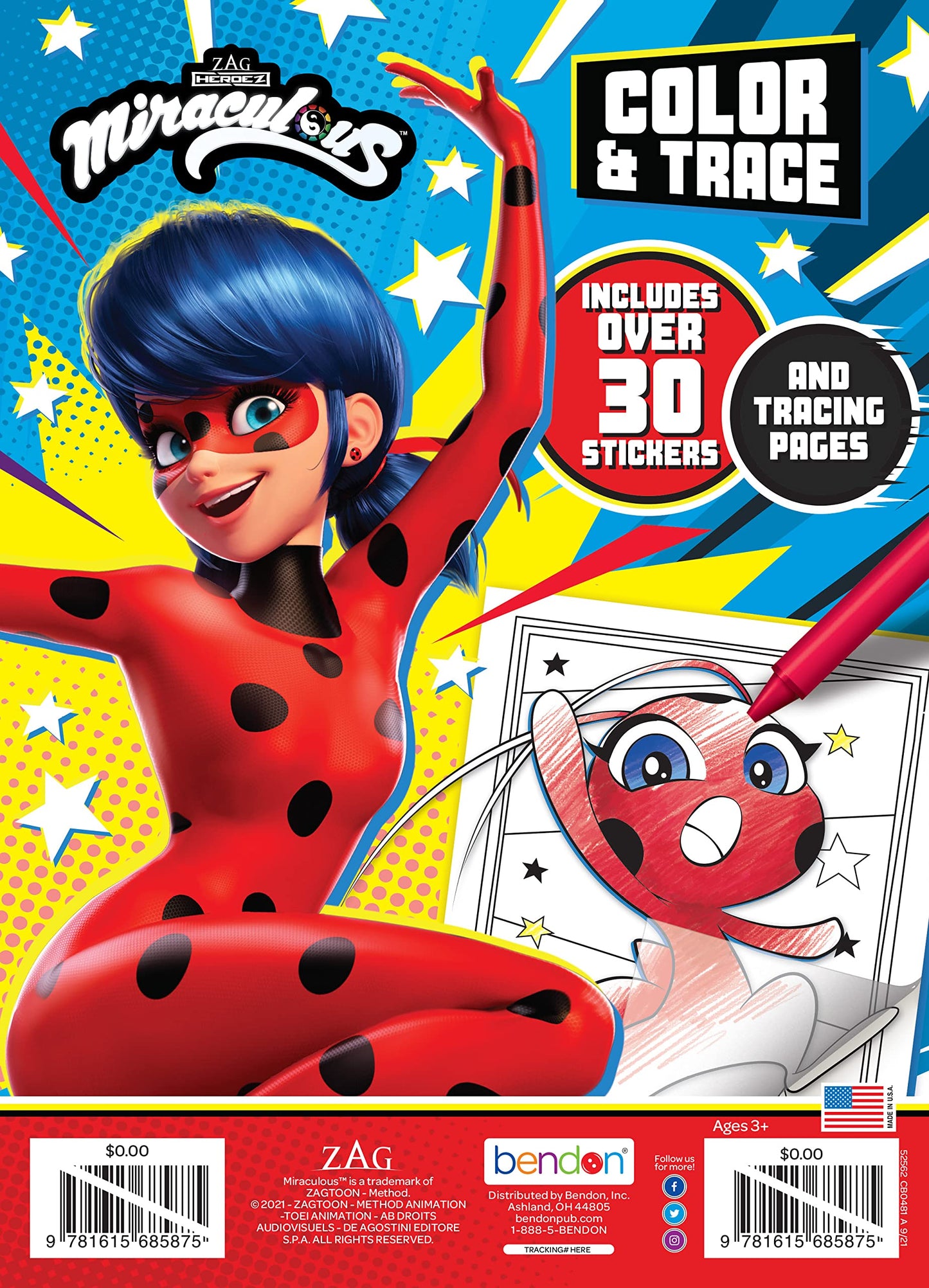 Bendon Miraculous Color & Trace Coloring Book – 48 Pages, 30+ Stickers, Tracing Sheets (Licensed) 52562