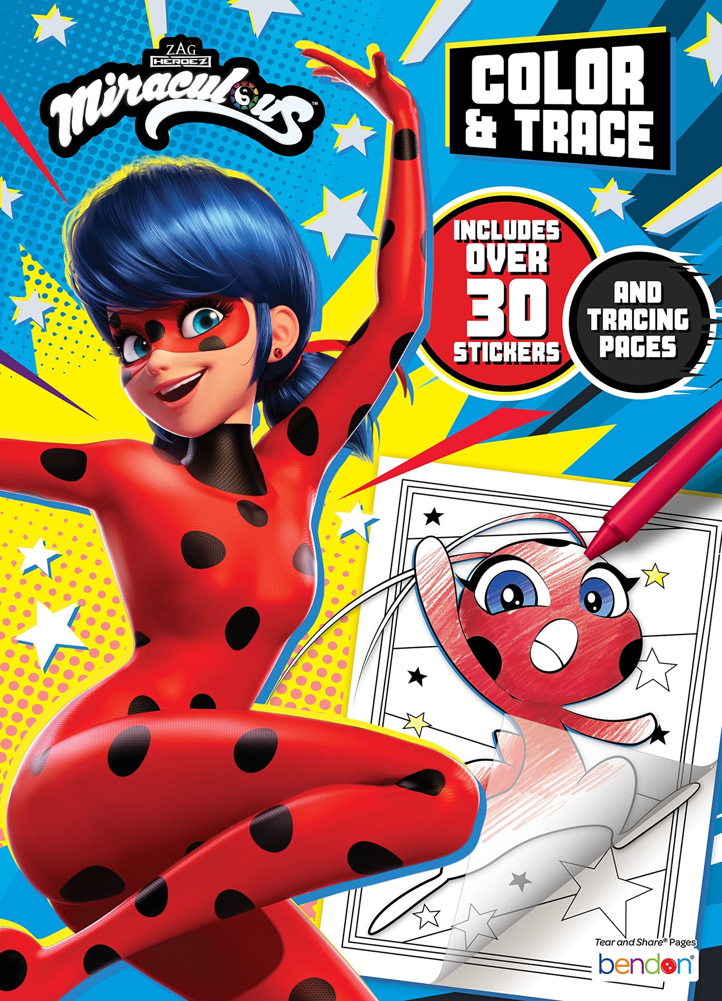 Bendon Miraculous Color & Trace Coloring Book – 48 Pages, 30+ Stickers, Tracing Sheets (Licensed) 52562