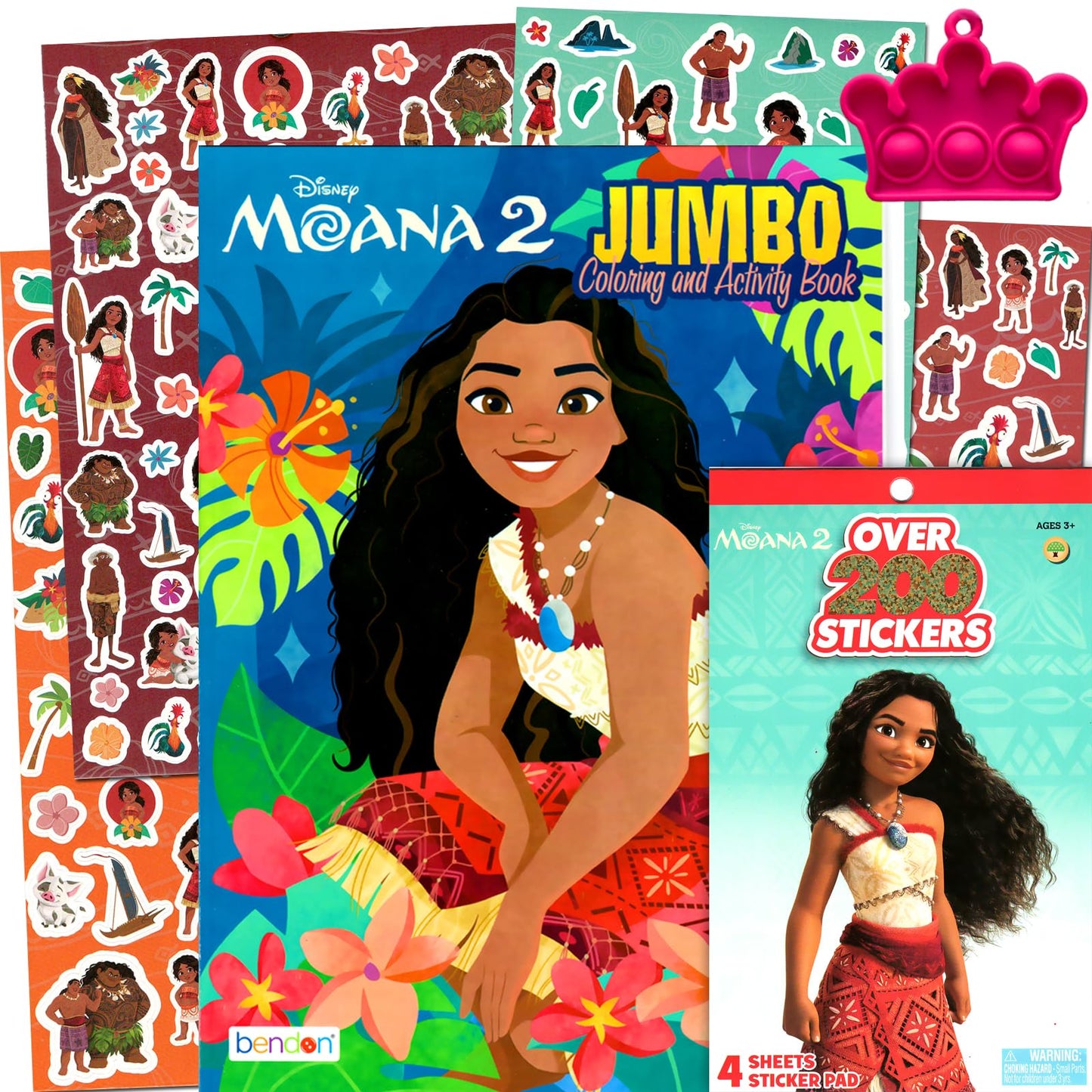Bendon Moana Coloring Activity Book & Sticker Set for Kids | 300+ Stickers + Crown Popper Keychain
