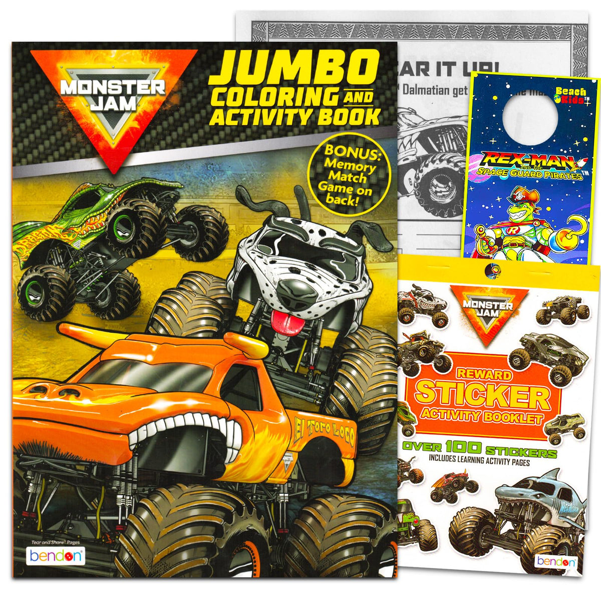 Bendon Monster Jam Coloring Book & Activity Set for Kids - 1 Book with Activities, Games, Stickers, Rex-Man Hanger