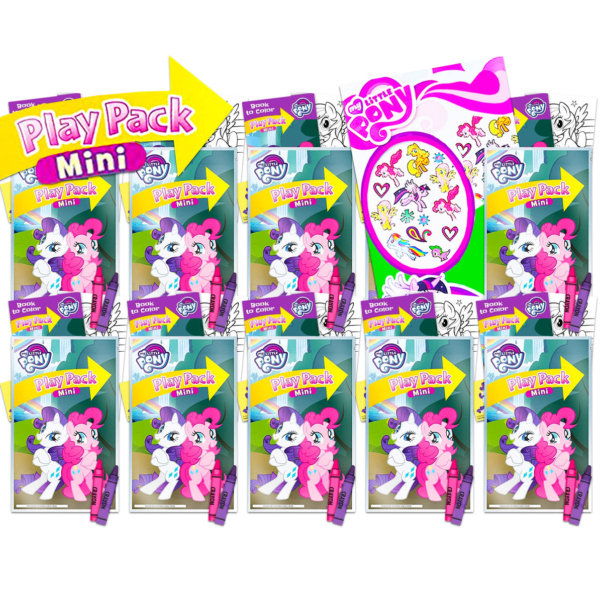 Bendon Publishing My Little Pony Classroom Prize Pack – 10 Mini Play Packs with Stickers, Coloring Books, Crayons & Tattoos