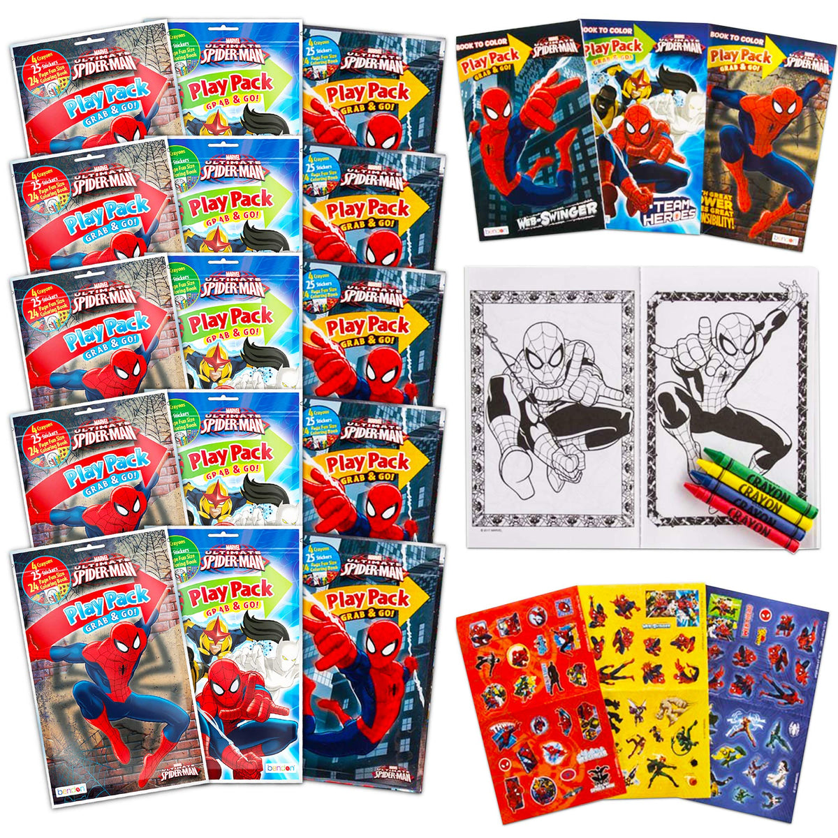 Bendon Spider-Man Play Packs Set of 15 – Coloring Books, Crayons & Stickers