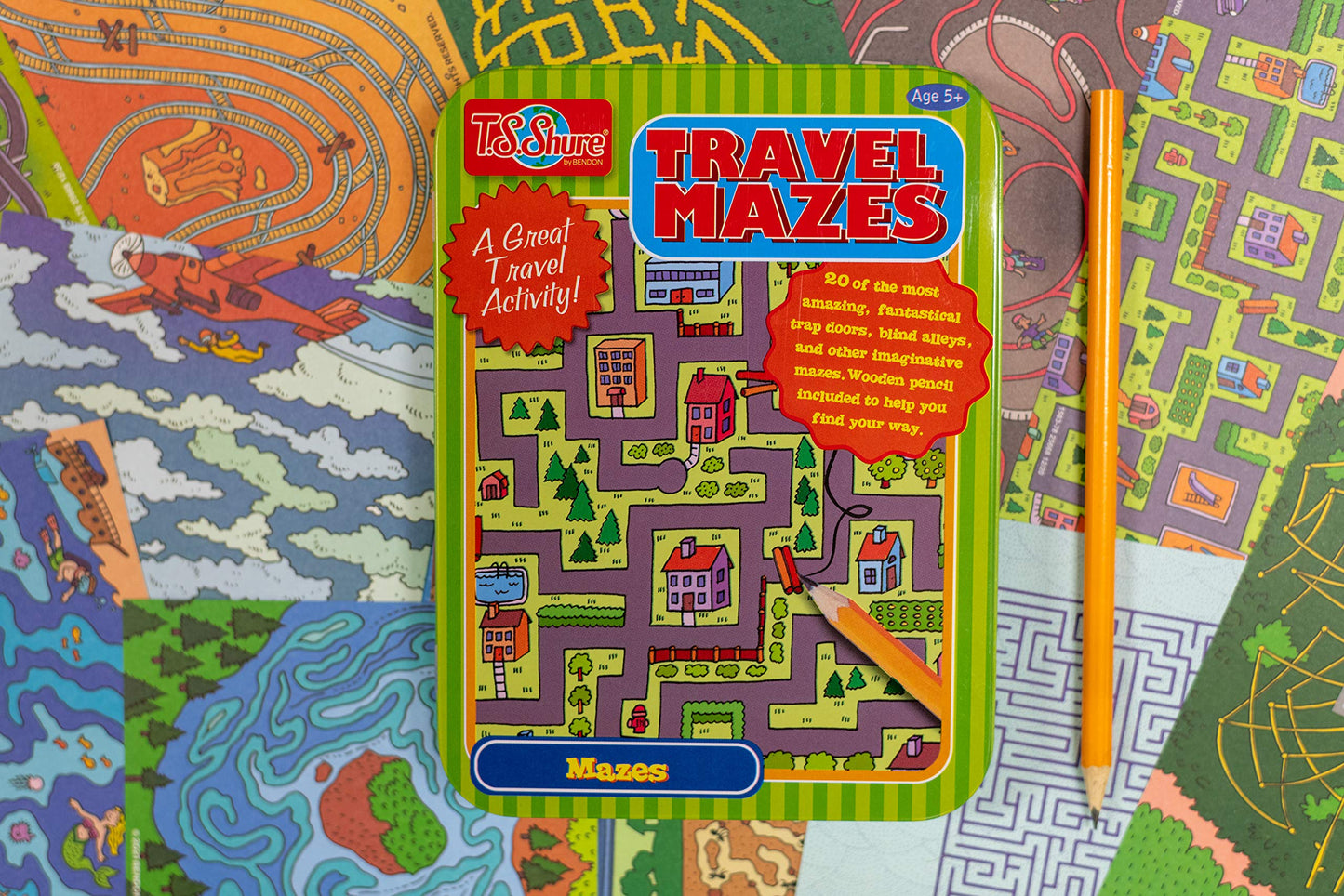 Bendon TS Shure Travel Mazes Mini Activity Tin – 20 Sheets + Pencil (Ages 5+)