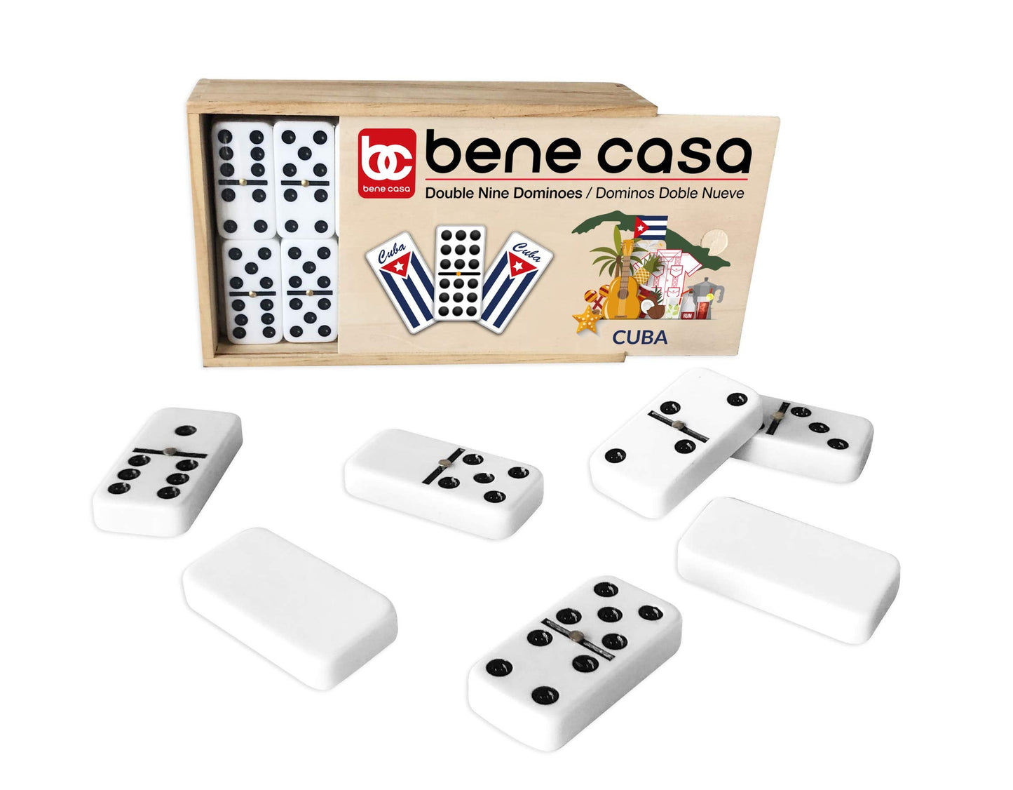 Bene Casa Cuban Flag Dominoes Set - Double Nine (55 Tiles) in Wooden Box | 2-10 Players