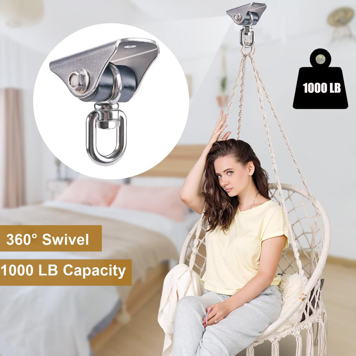 BeneLabel 360° Swivel Silent Swing Hanger — 1000 lb Ceiling Mount for Hammock Chair & Porch Swing