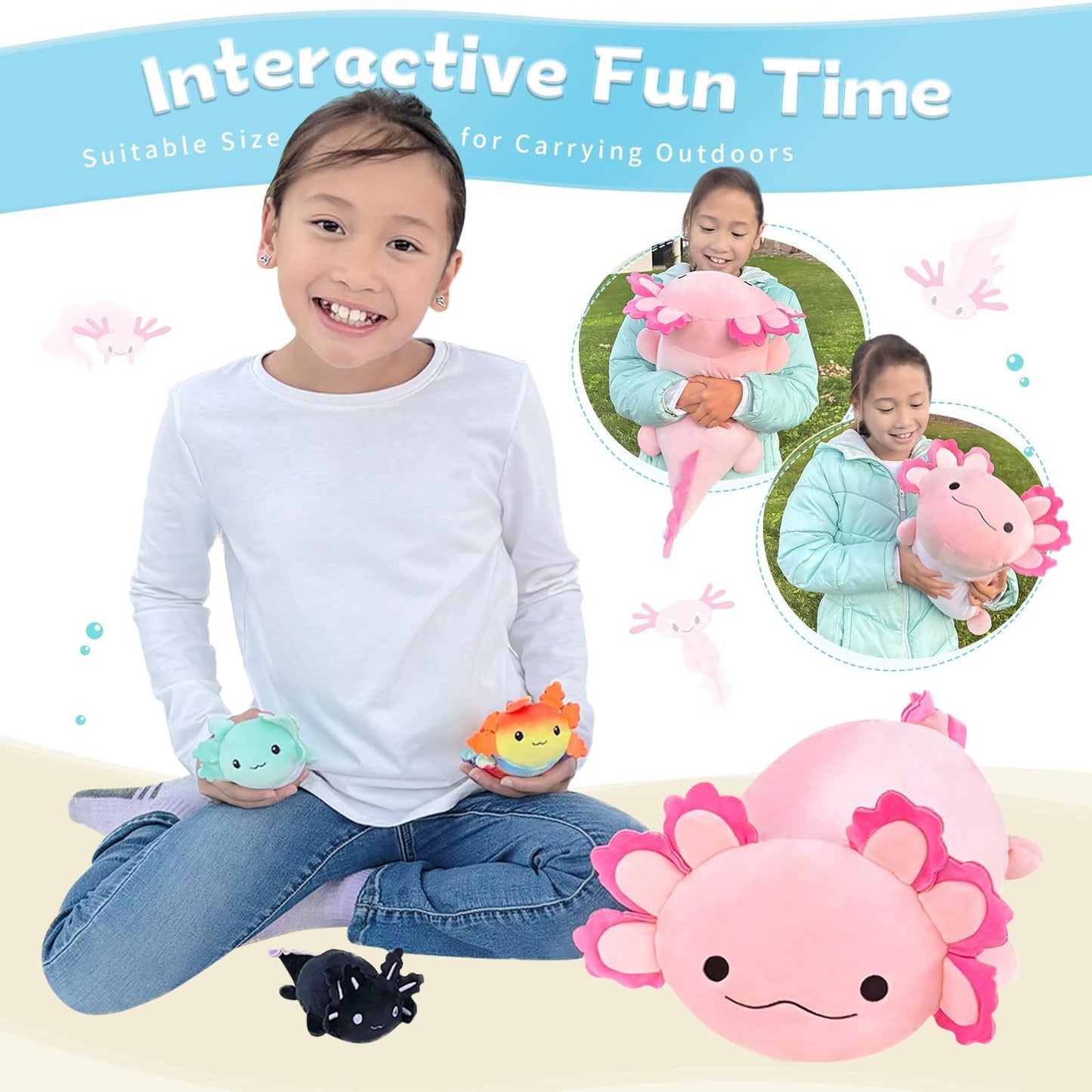 BENINY 24-Inch Axolotl Plush with 3 Babies – Large Pink Mommy Plush Pillow Toy
