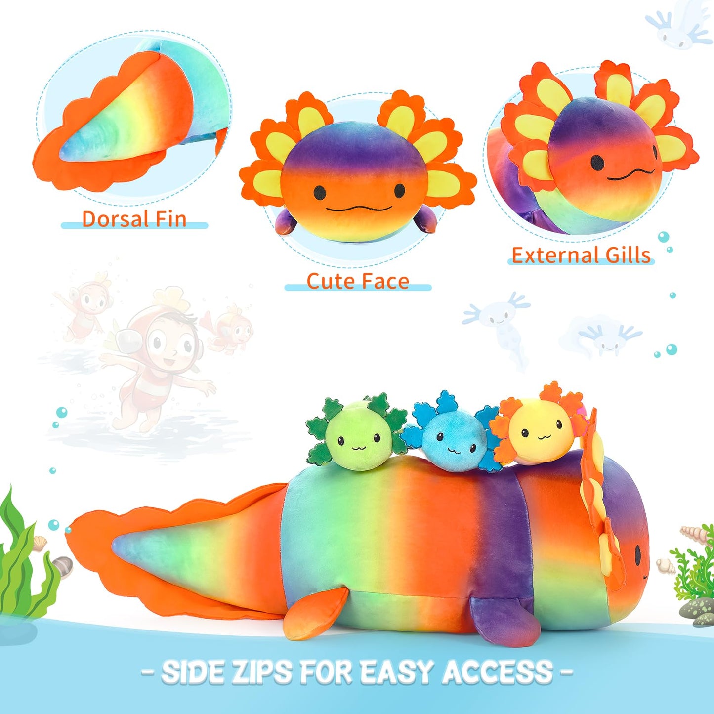 BENINY 4-Pcs Axolotl Plush - 24-Inch Mommy with 3 Babies | Giant Cuddly Toy
