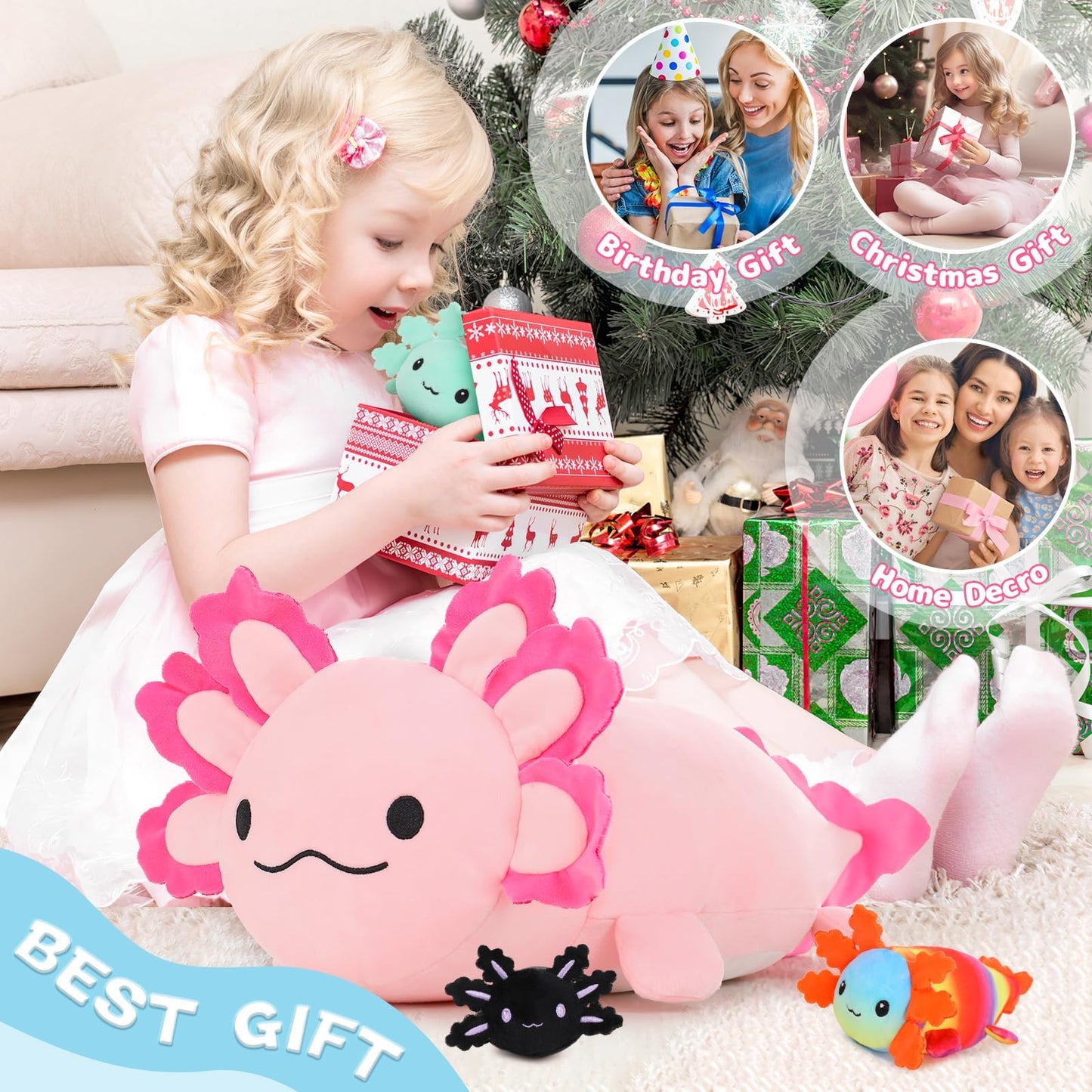 BENINY 24-Inch Axolotl Plush with 3 Babies – Large Pink Mommy Plush Pillow Toy