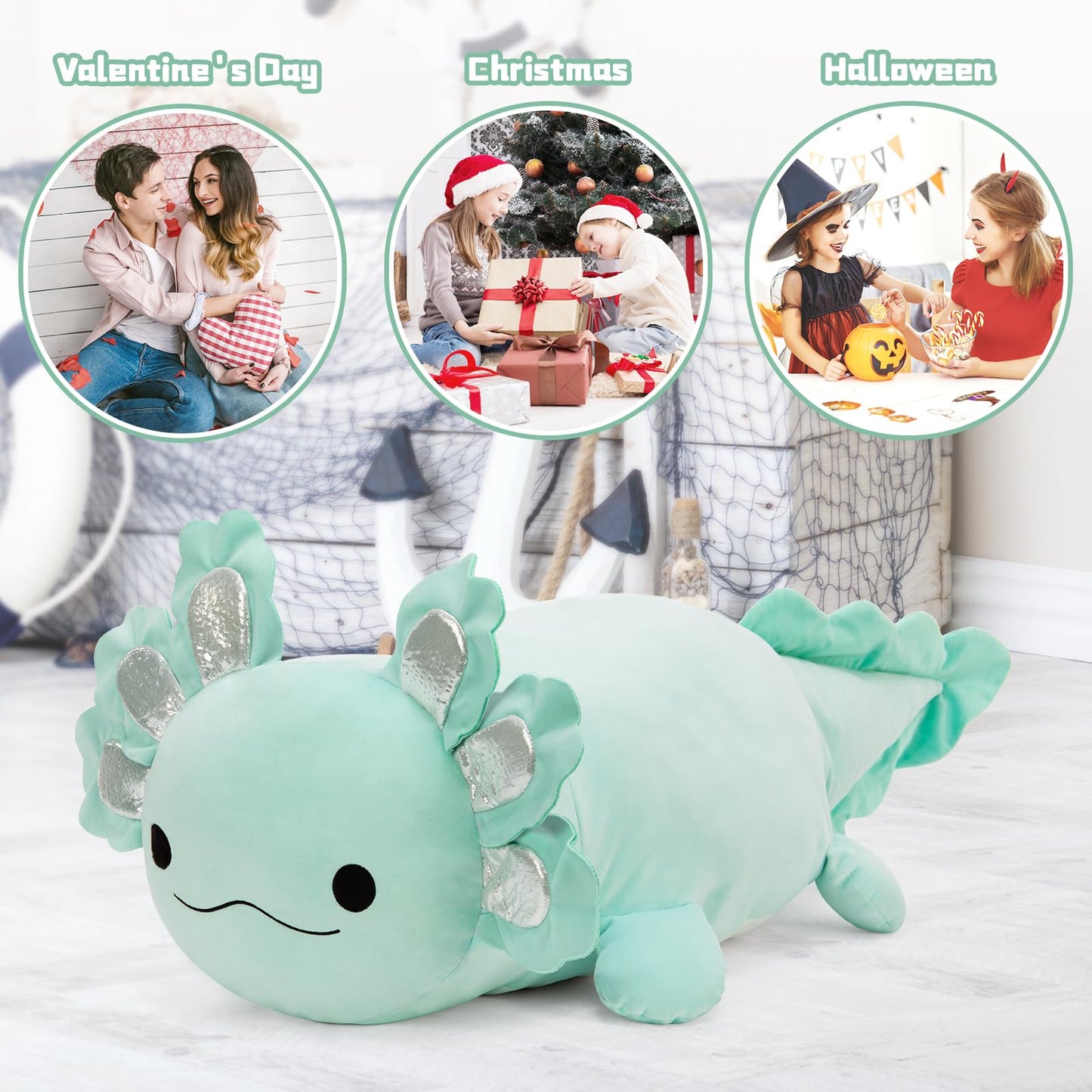 BENINY 39-Inch Giant Mint Axolotl Plush — Large Hugger Pillow & Gift