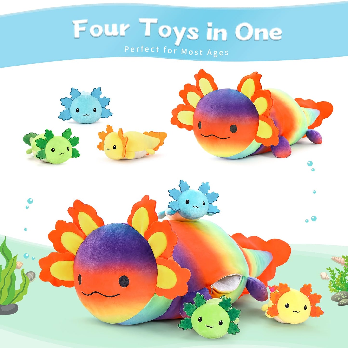 BENINY 4-Pcs Axolotl Plush - 24-Inch Mommy with 3 Babies | Giant Cuddly Toy