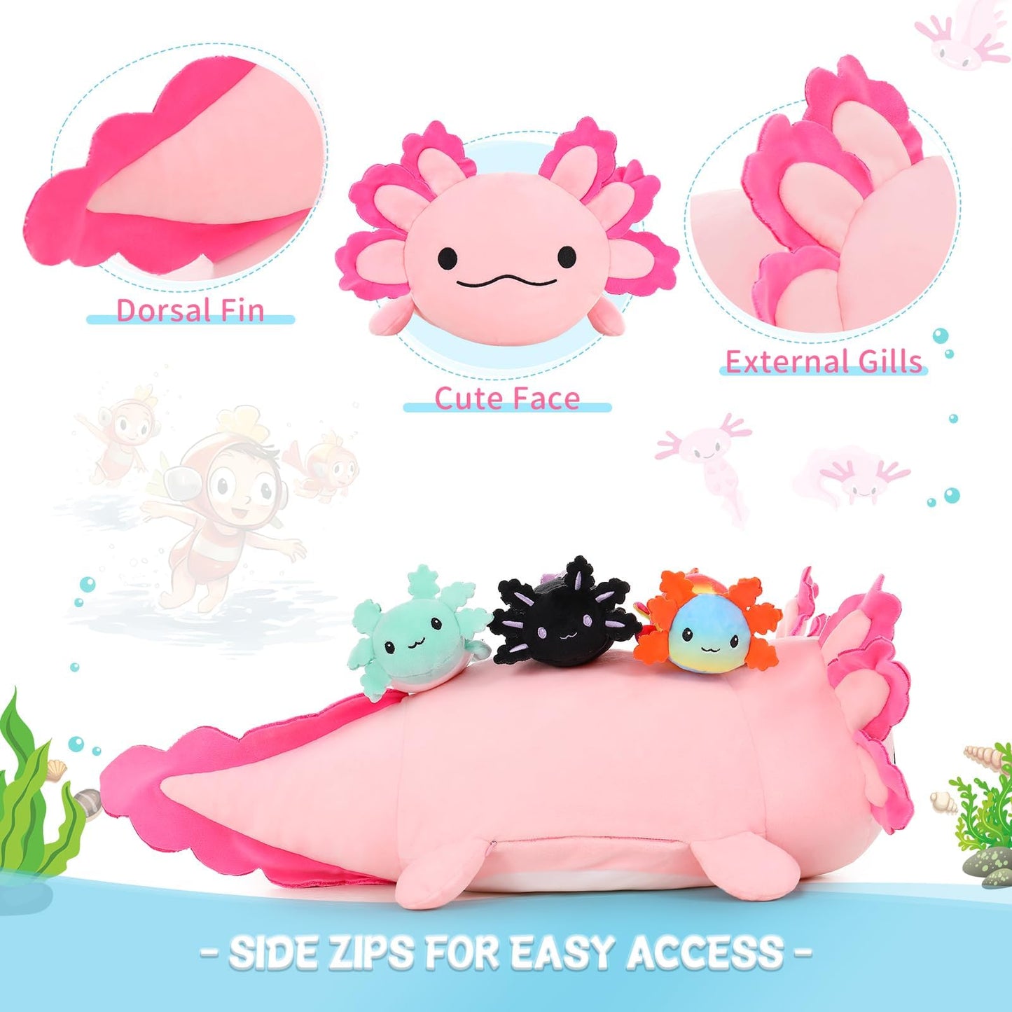 BENINY 24-Inch Axolotl Plush with 3 Babies – Large Pink Mommy Plush Pillow Toy