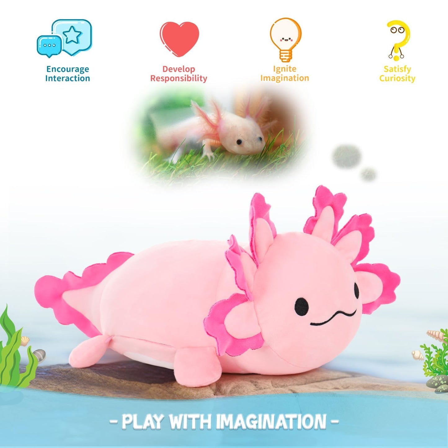 BENINY 24-Inch Axolotl Plush with 3 Babies – Large Pink Mommy Plush Pillow Toy