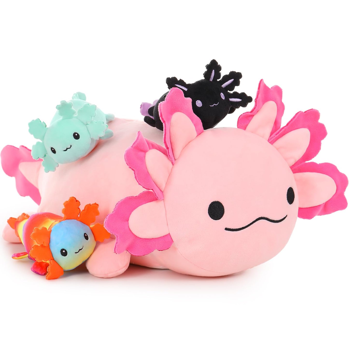 BENINY 24-Inch Axolotl Plush with 3 Babies – Large Pink Mommy Plush Pillow Toy