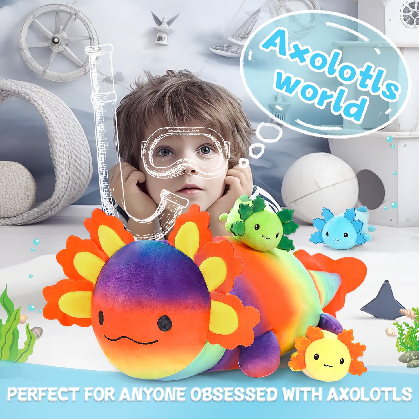 BENINY 4-Pcs Axolotl Plush - 24-Inch Mommy with 3 Babies | Giant Cuddly Toy