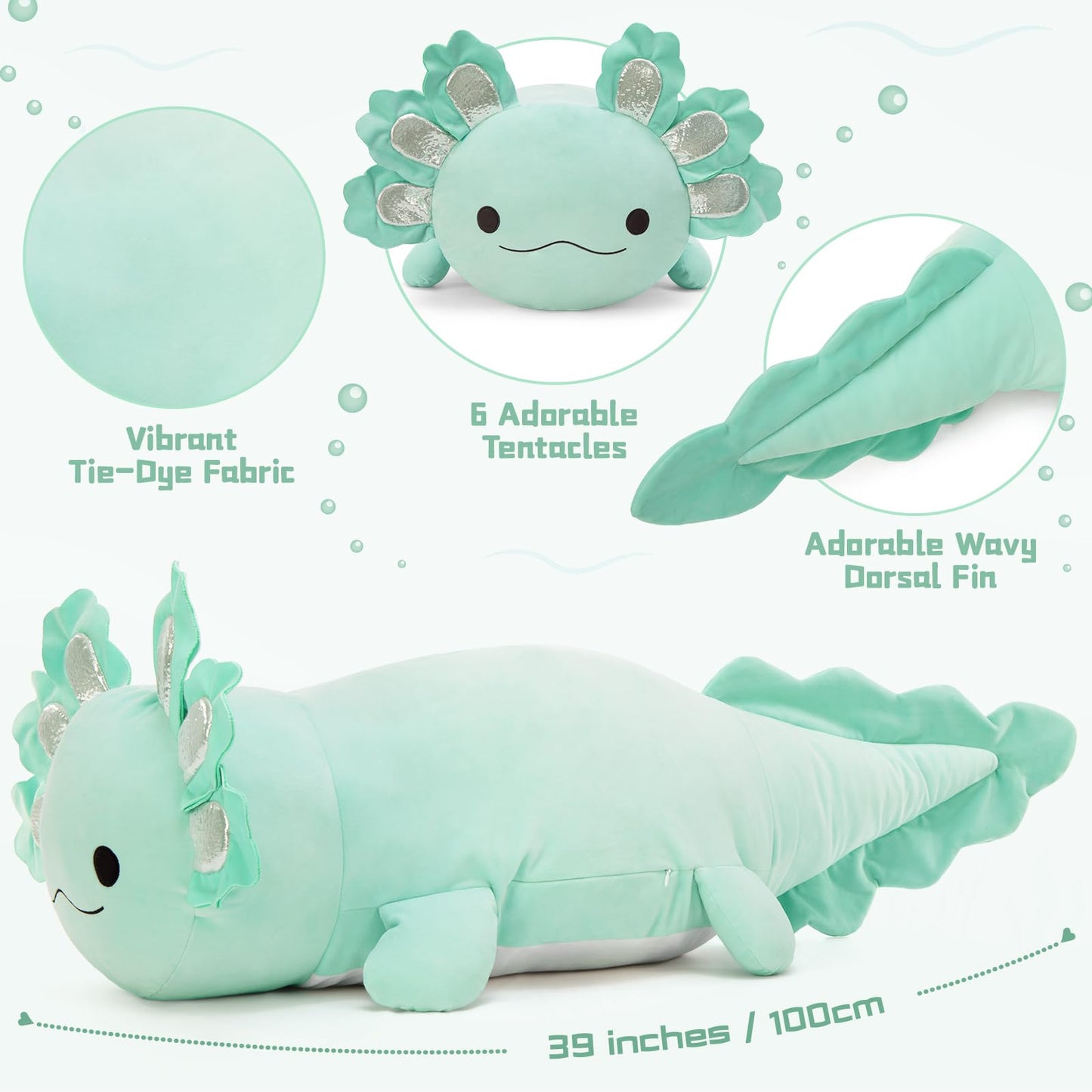 BENINY 39-Inch Giant Mint Axolotl Plush — Large Hugger Pillow & Gift