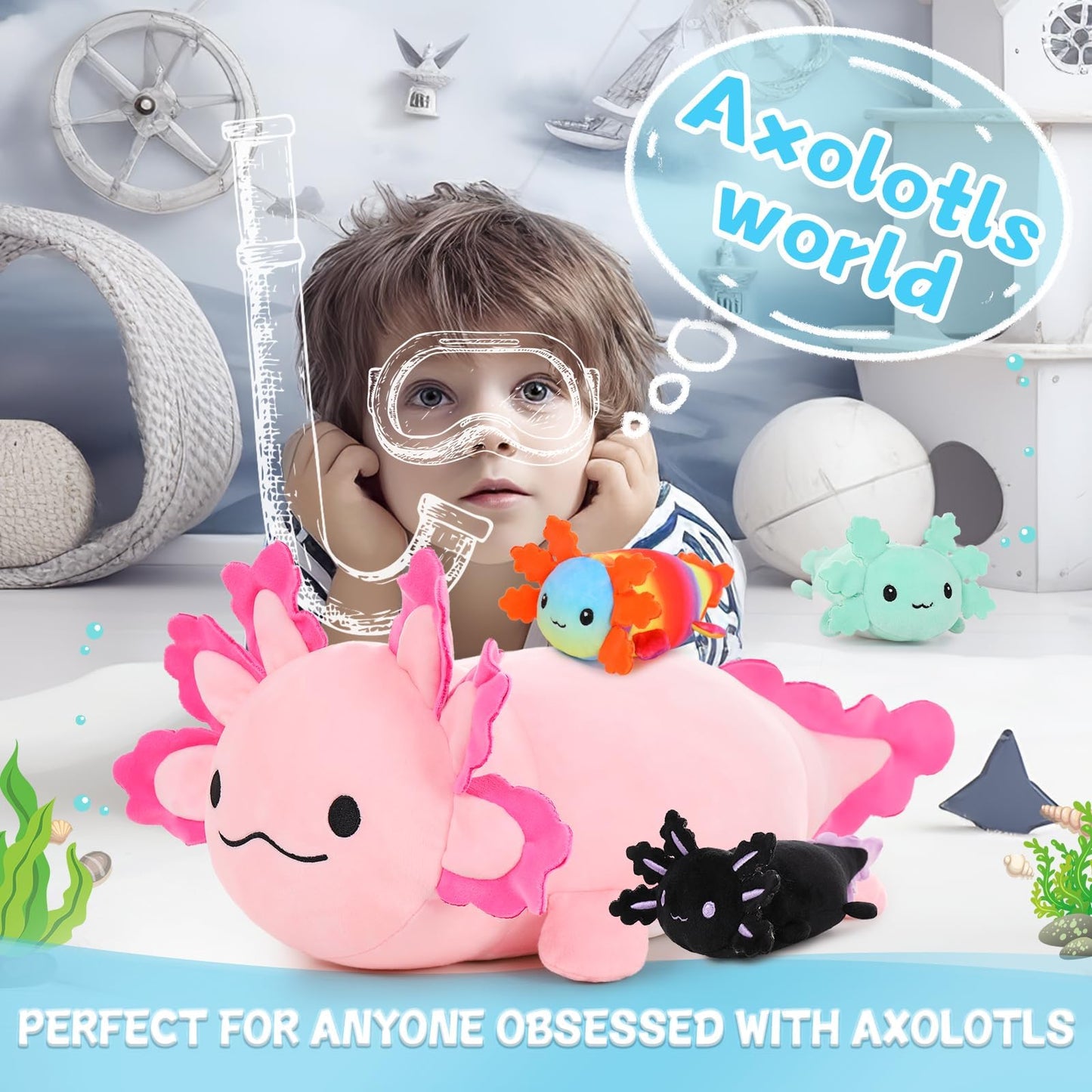 BENINY 24-Inch Axolotl Plush with 3 Babies – Large Pink Mommy Plush Pillow Toy