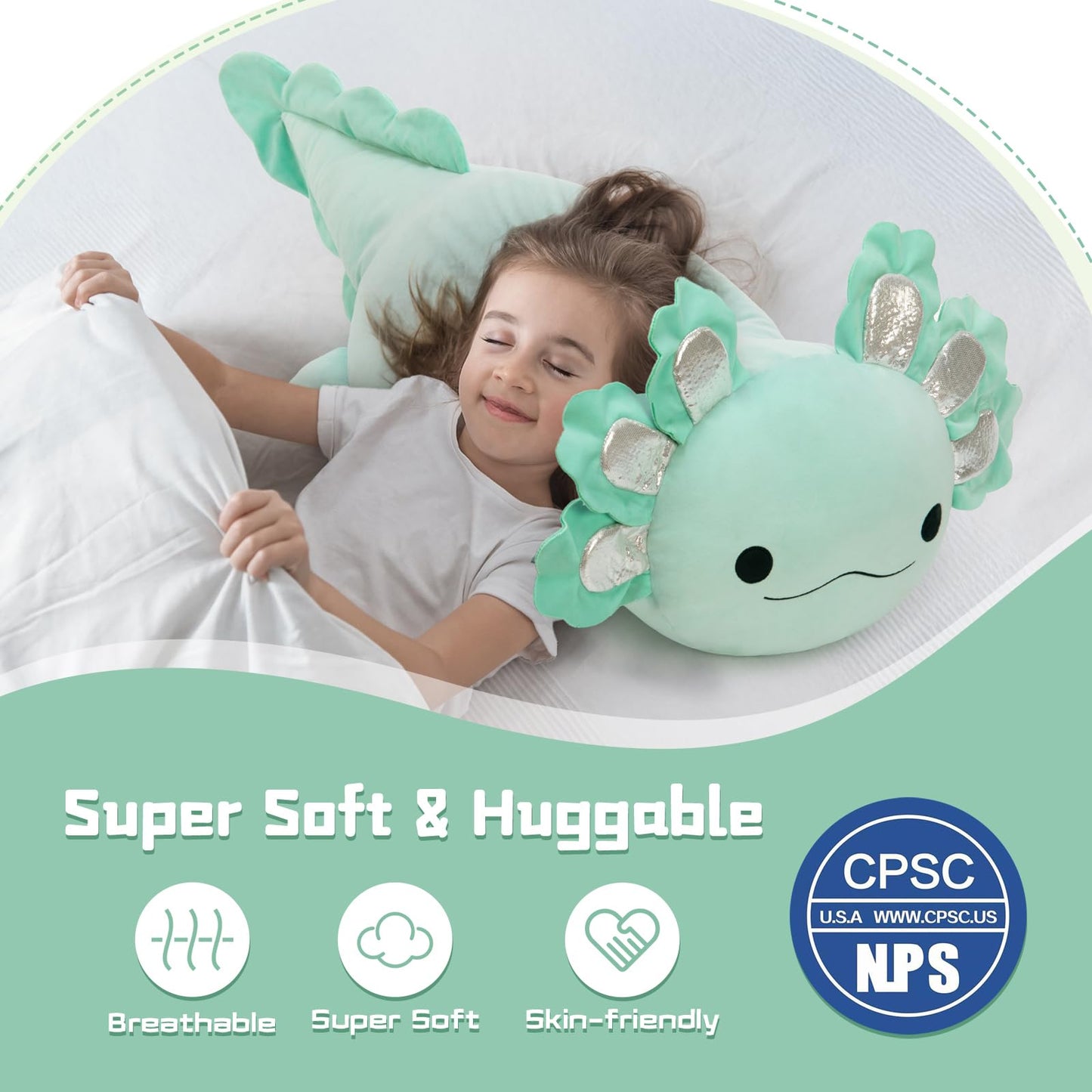 BENINY 39-Inch Giant Mint Axolotl Plush — Large Hugger Pillow & Gift