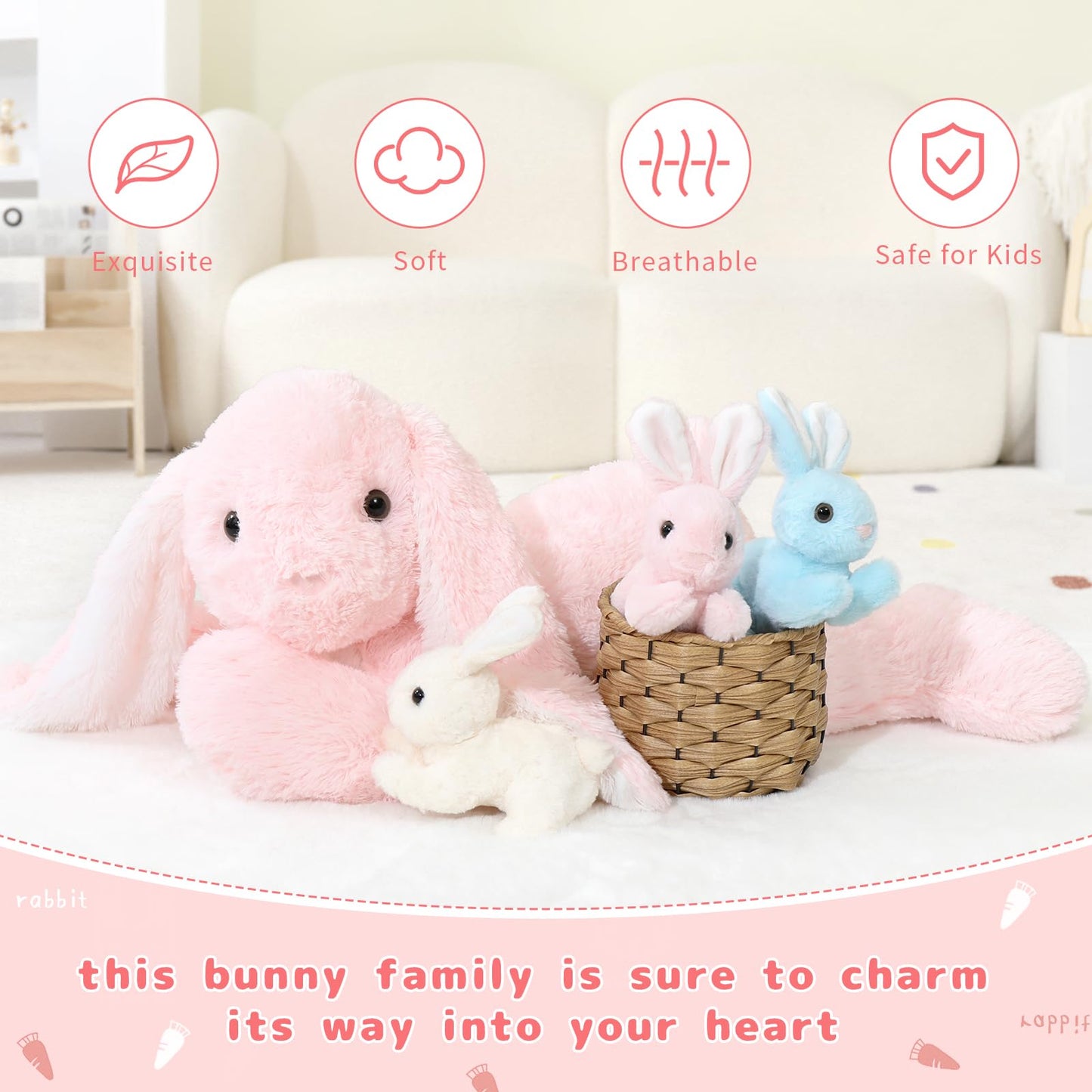 BENINY Big Pink Bunny 24in – Large Plush Stuffed Animal for Easter & Gifts