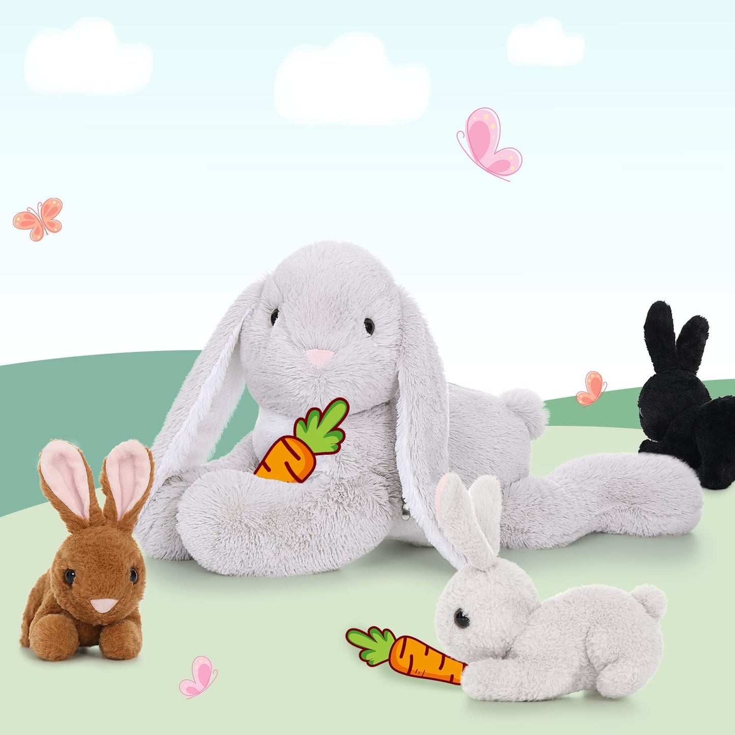 BENINY 4-Piece Bunny Stuffed Animal Set — Large Mommy Bunny with 3 Small Plush Bunnies