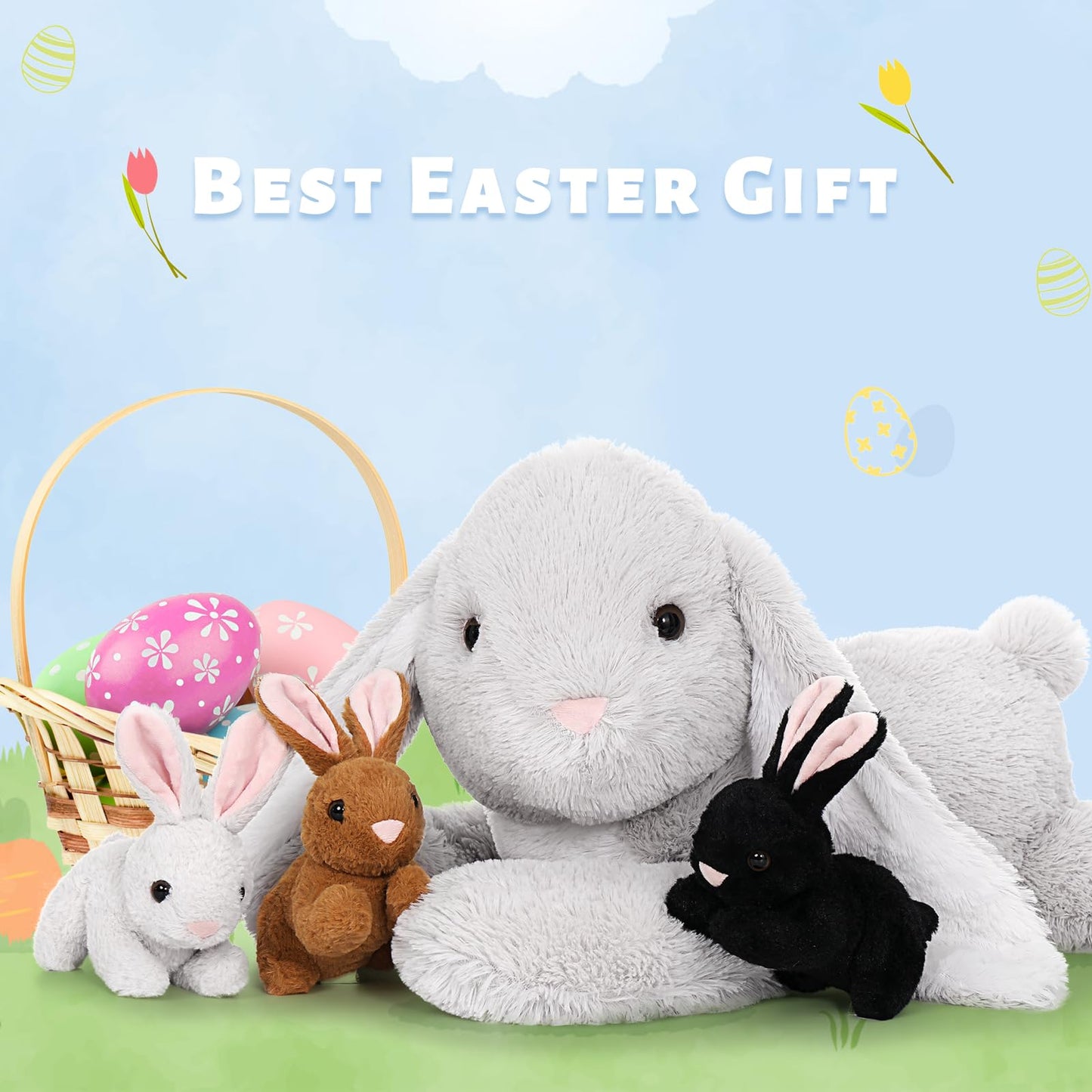 BENINY 4-Piece Bunny Stuffed Animal Set — Large Mommy Bunny with 3 Small Plush Bunnies