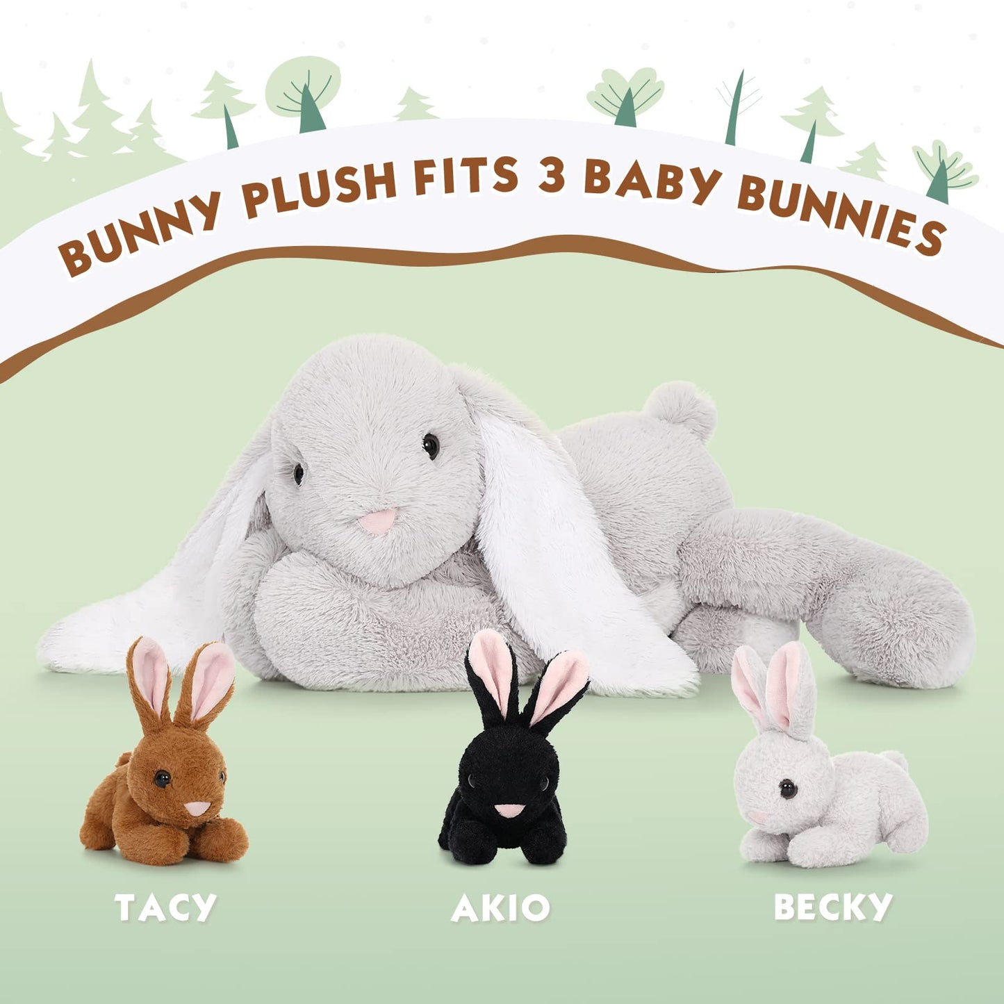 BENINY 4-Piece Bunny Stuffed Animal Set — Large Mommy Bunny with 3 Small Plush Bunnies