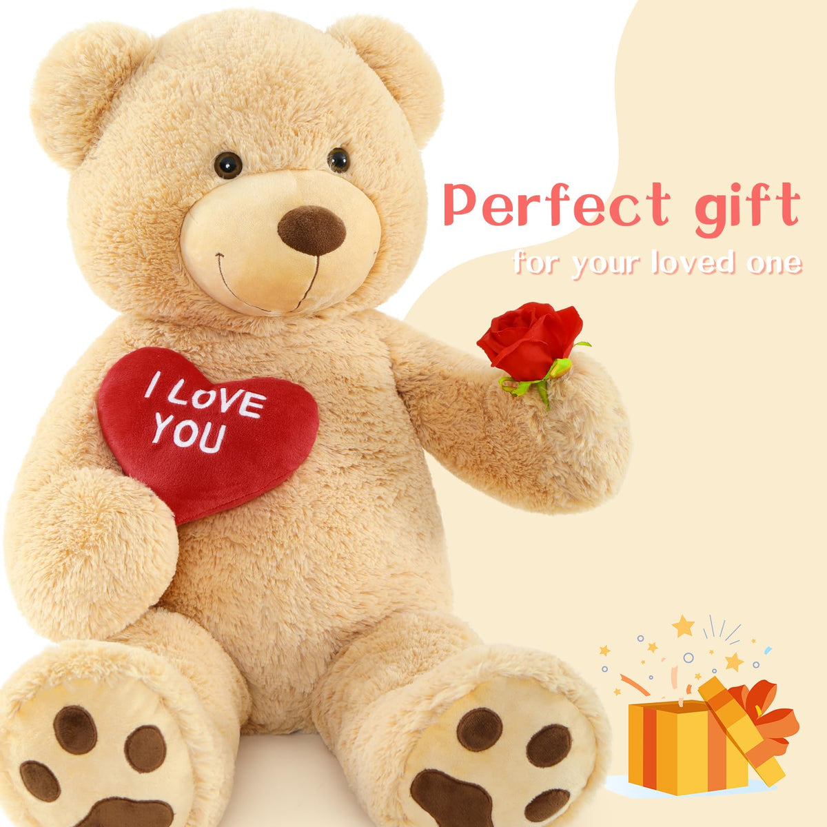 BENINY Red Heart Giant Teddy Bear 3ft — Embroidered I Love You, Brown Plush Gift