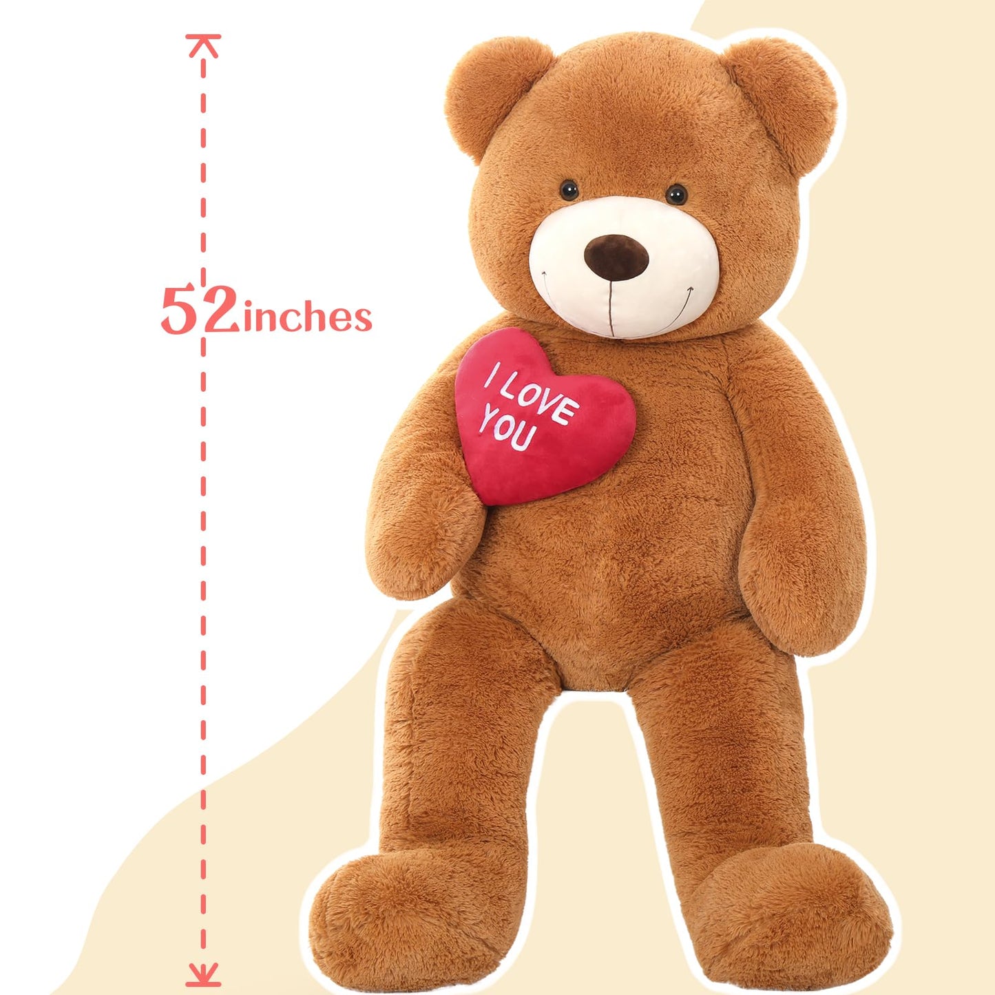 BENINY Giant Teddy Bear 52-Inch Plush with Heart – I Love You Gift