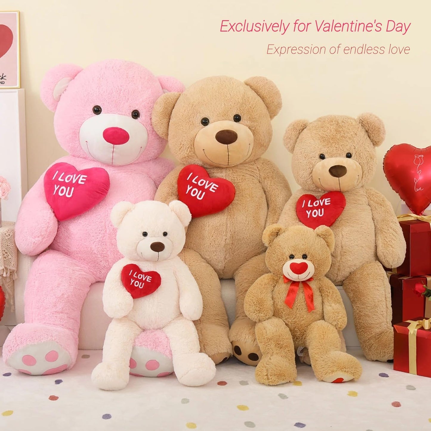 BENINY Red Heart Giant Teddy Bear 3ft — Embroidered I Love You, Brown Plush Gift