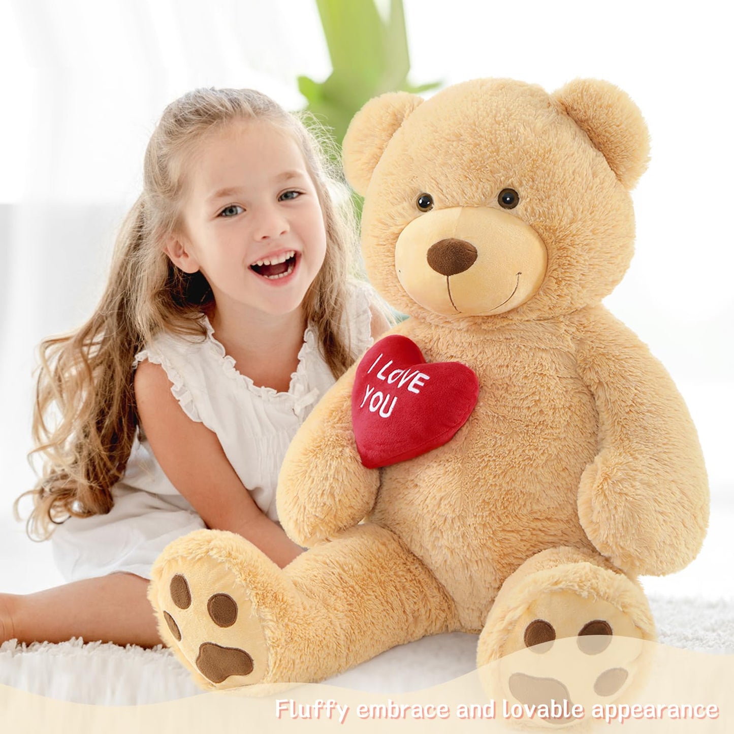 BENINY Red Heart Giant Teddy Bear 3ft — Embroidered I Love You, Brown Plush Gift