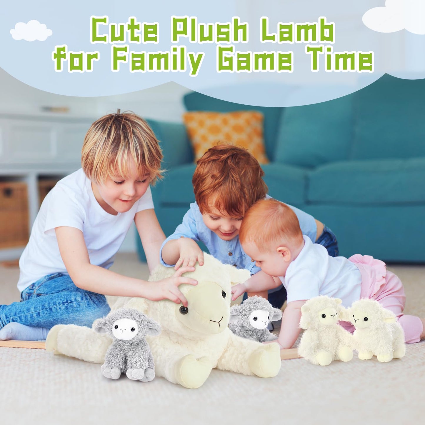 BENINY 5Pcs Lamb Stuffed Animal Set – 20-Inch Mommy Lamb with 4 Baby Lambs