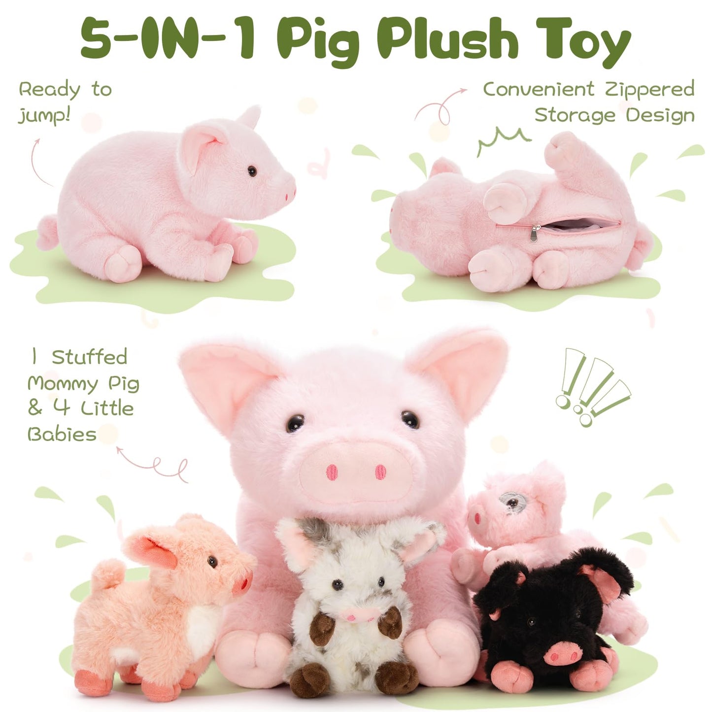 BENINY Pink Mama Pig Plush with 4 Piglets | 16-Inch Zippered Tummy Toy