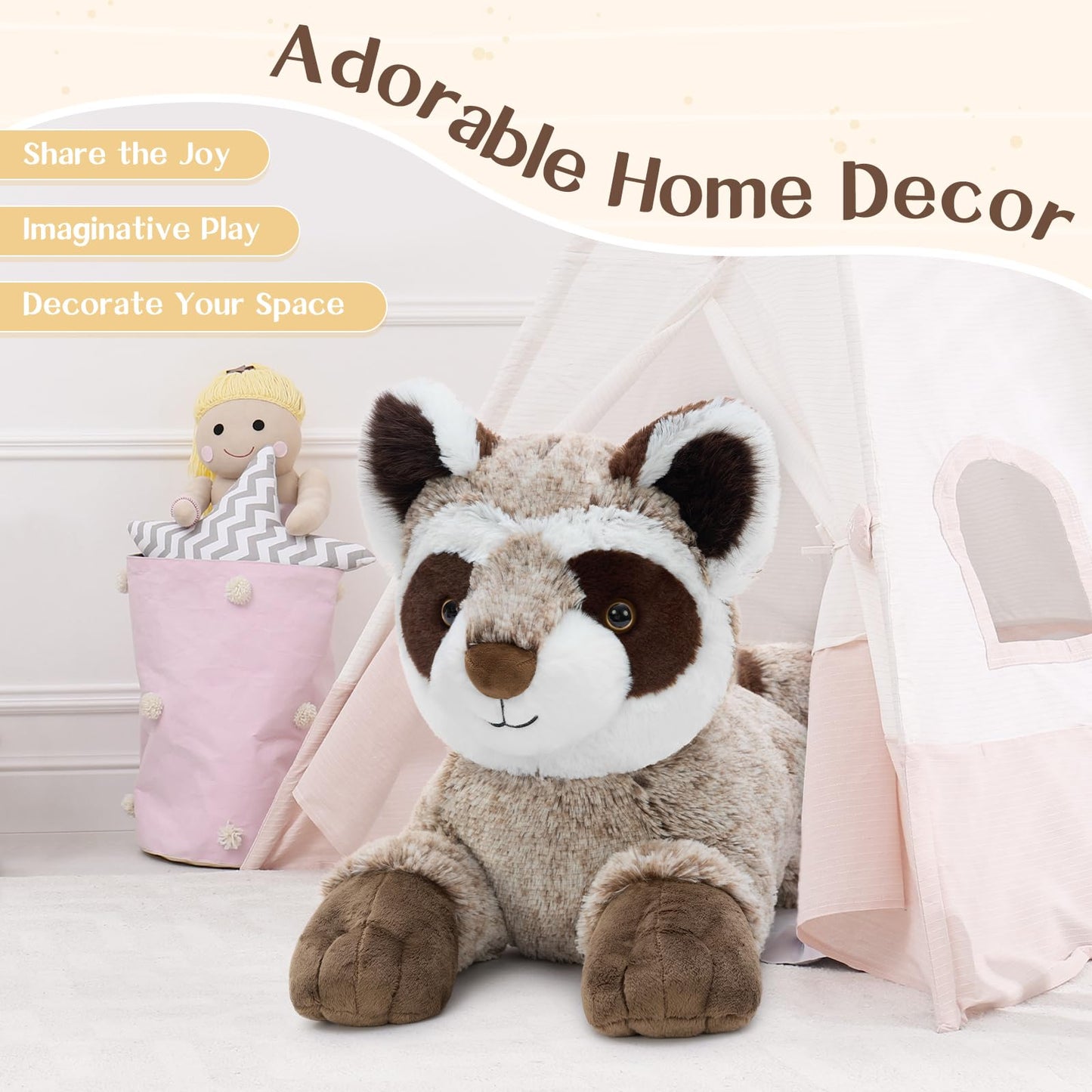BENINY 30-Inch Giant Raccoon Plush — Oversized Stuffed Animal Toy for Hugs and Imaginative Play