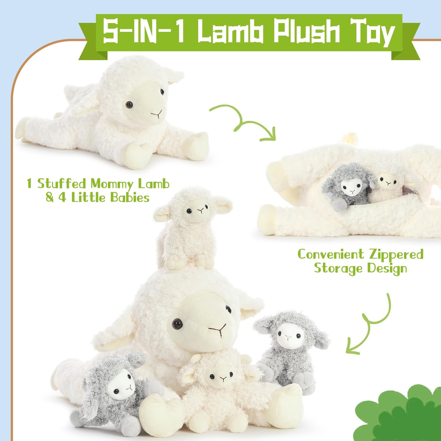 BENINY 5Pcs Lamb Stuffed Animal Set – 20-Inch Mommy Lamb with 4 Baby Lambs