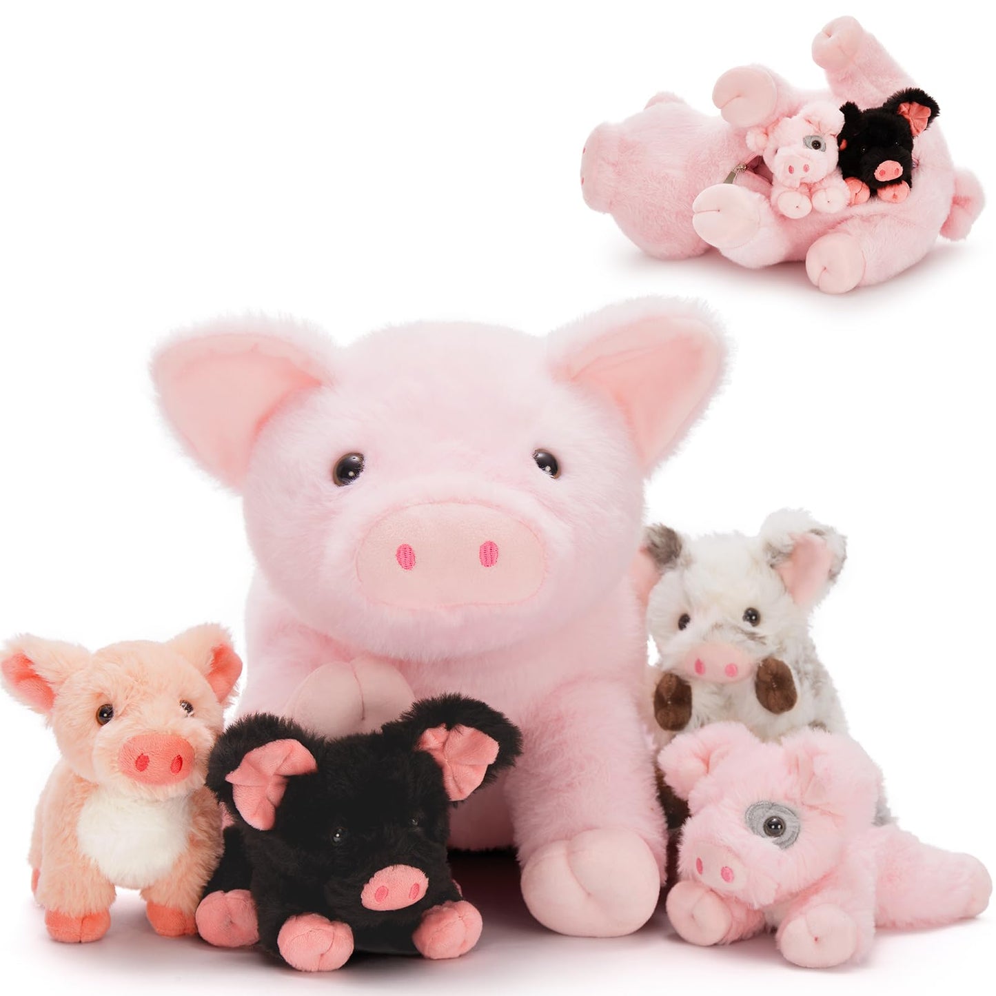 BENINY Pink Mama Pig Plush with 4 Piglets | 16-Inch Zippered Tummy Toy