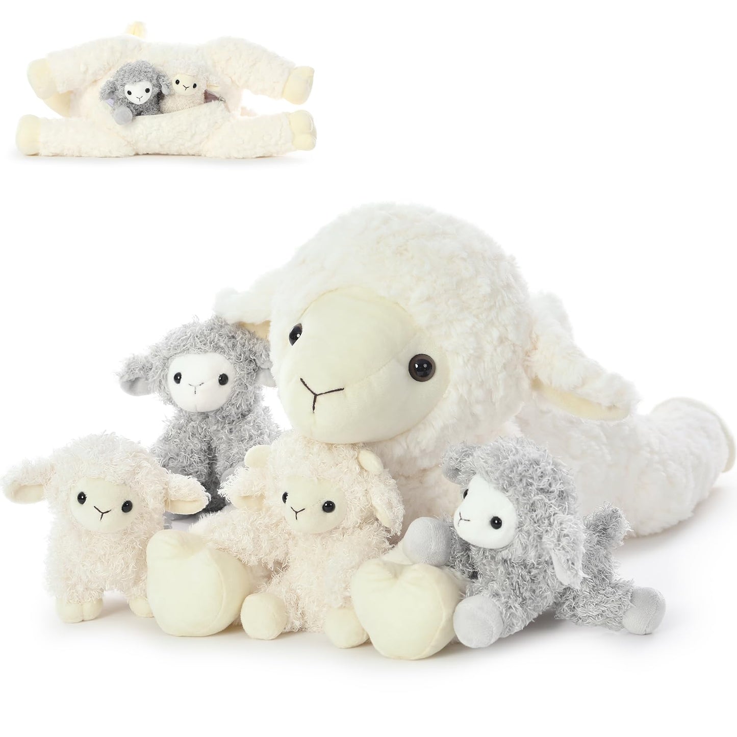BENINY 5Pcs Lamb Stuffed Animal Set – 20-Inch Mommy Lamb with 4 Baby Lambs