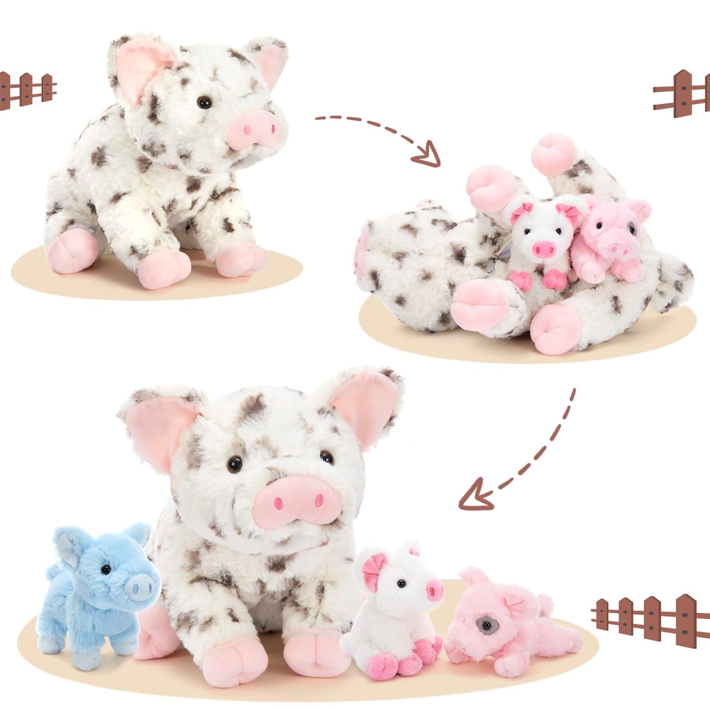 BENINY Pig Plush Set – 16-Inch Mommy Spotted with 4 Piglets (5-Piece)