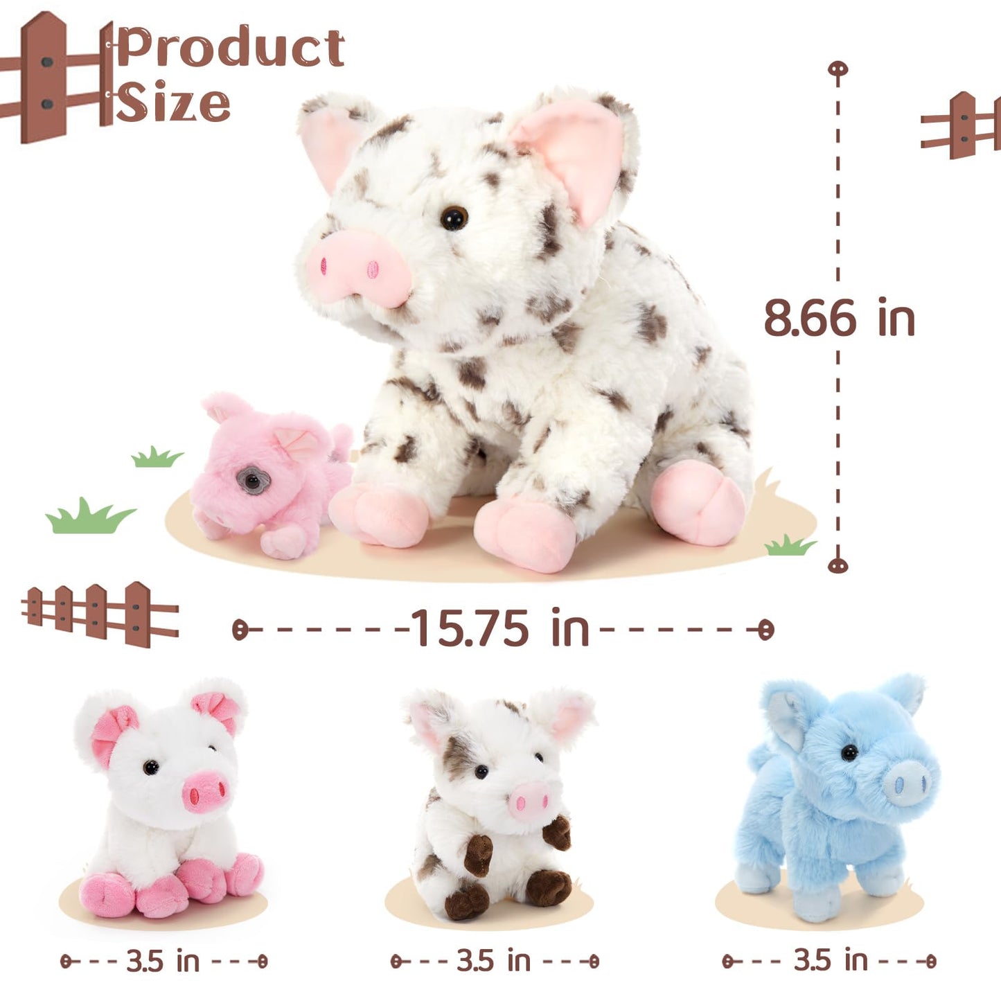 BENINY Pig Plush Set – 16-Inch Mommy Spotted with 4 Piglets (5-Piece)