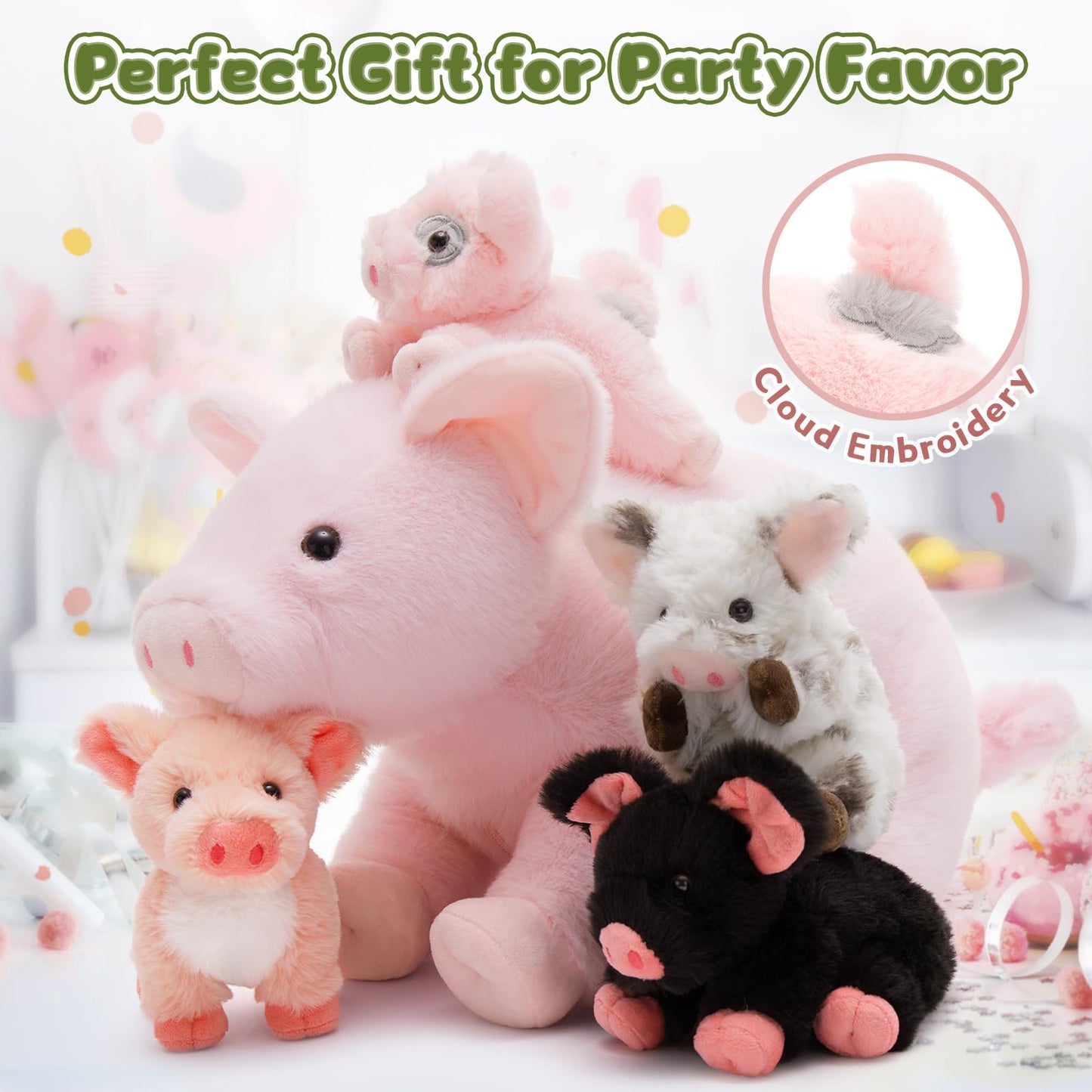 BENINY Pink Mama Pig Plush with 4 Piglets | 16-Inch Zippered Tummy Toy