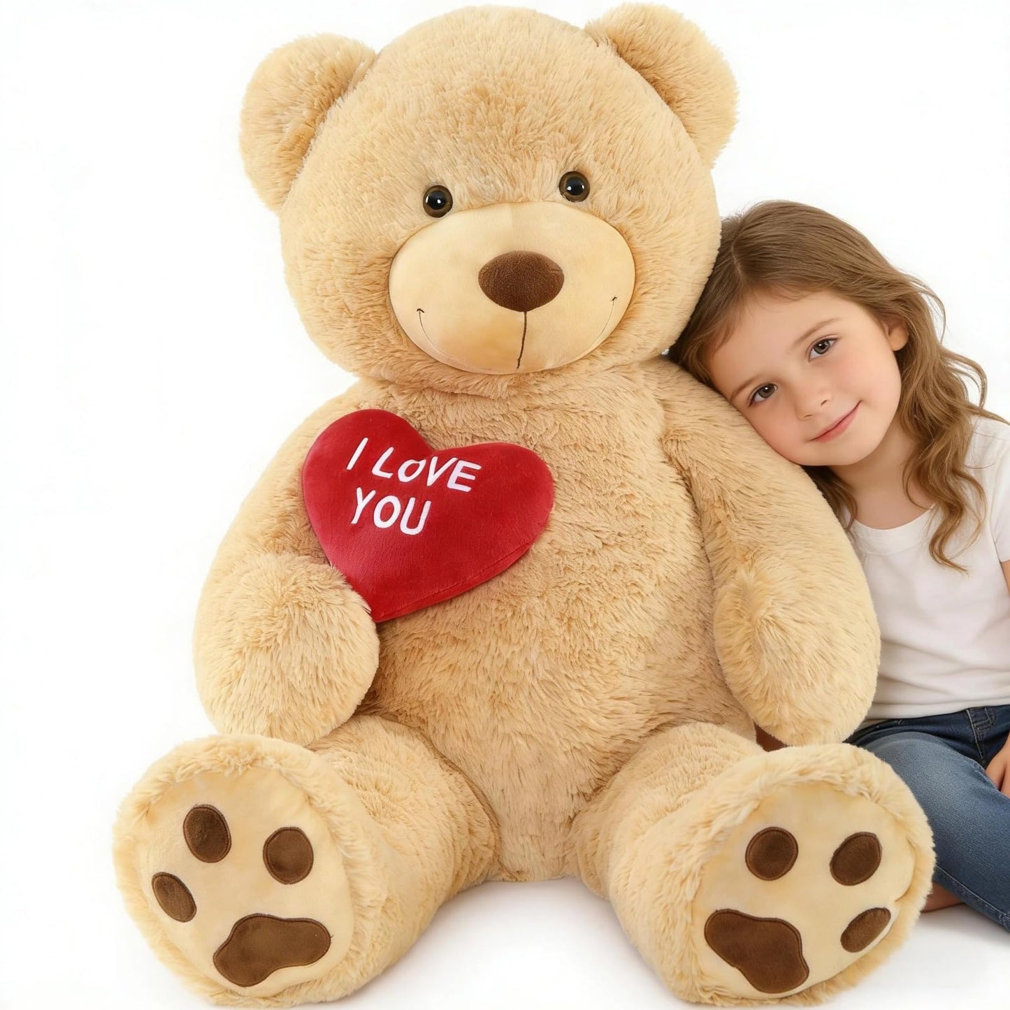 BENINY Red Heart Giant Teddy Bear 3ft — Embroidered I Love You, Brown Plush Gift