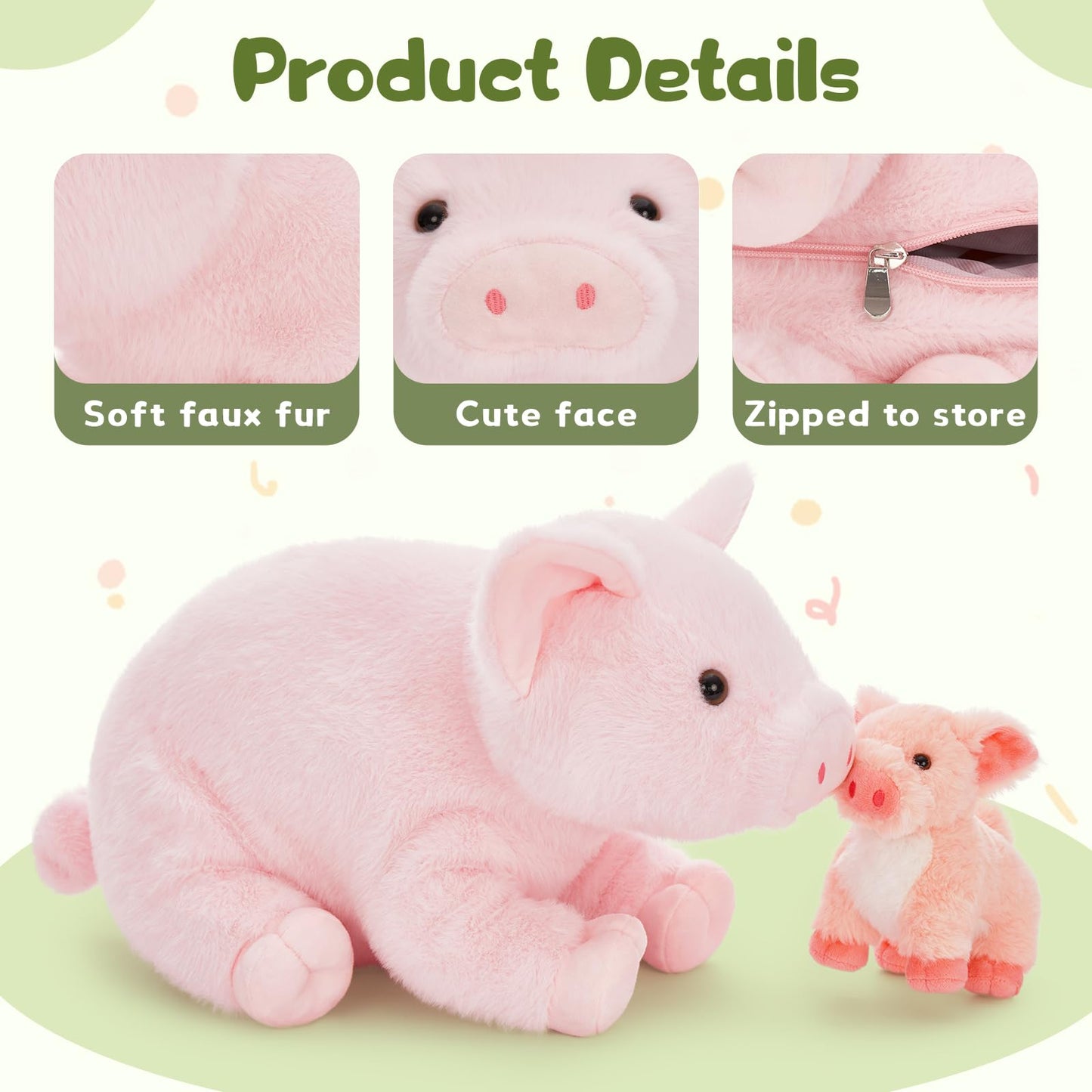 BENINY Pink Mama Pig Plush with 4 Piglets | 16-Inch Zippered Tummy Toy