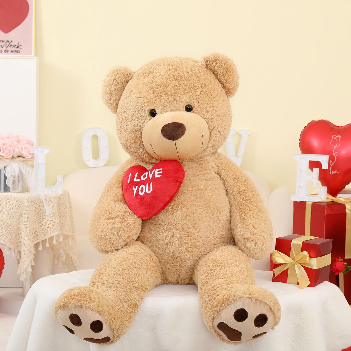 BENINY Red Heart Giant Teddy Bear 3ft — Embroidered I Love You, Brown Plush Gift
