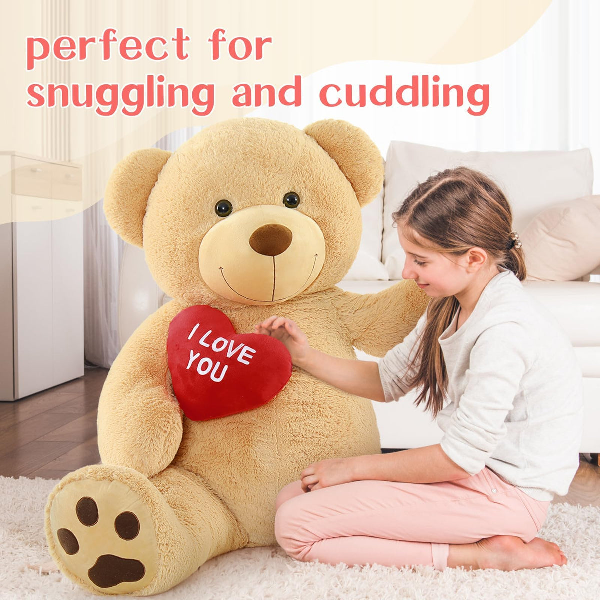 BENINY Red Heart Giant Teddy Bear 3ft — Embroidered I Love You, Brown Plush Gift